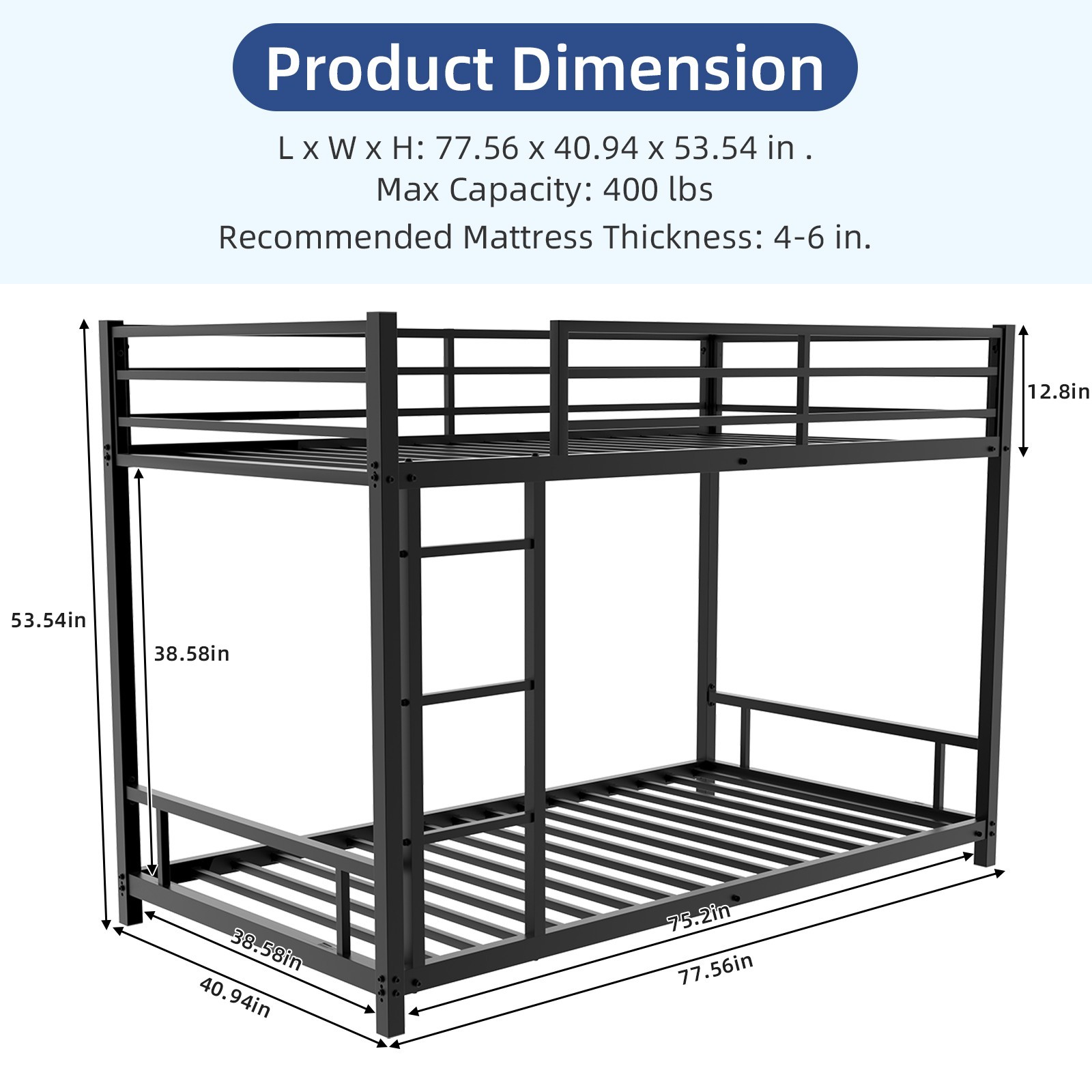 Metal Twin over Twin Bunk Bed Heavy-duty Sturdy Metal w/ Safety Guardrail Black