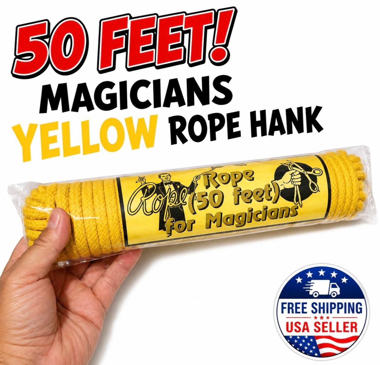 50' Feet YELLOW SOFT ROPE Magic Tricks Cut & Restore Hank And Bundle Magician