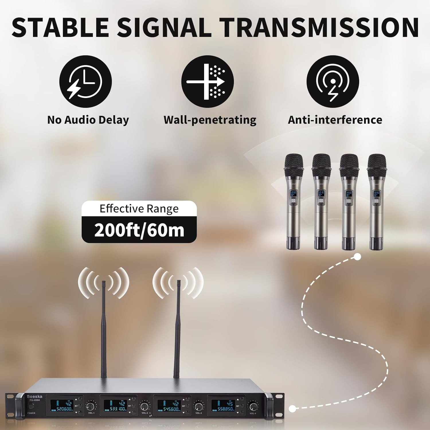 4-Channel UHF Wireless Microphone System with 4 Handheld Mics, 200Ft Range