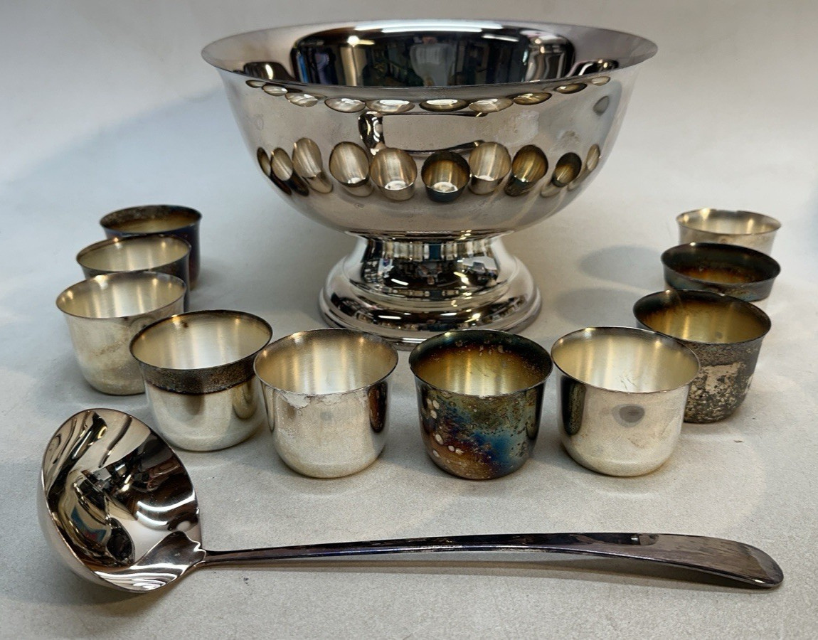 Sheridan Taunton Silversmiths Pedestal Punch Bowl Ladle 10 Cups Tray EP Brass