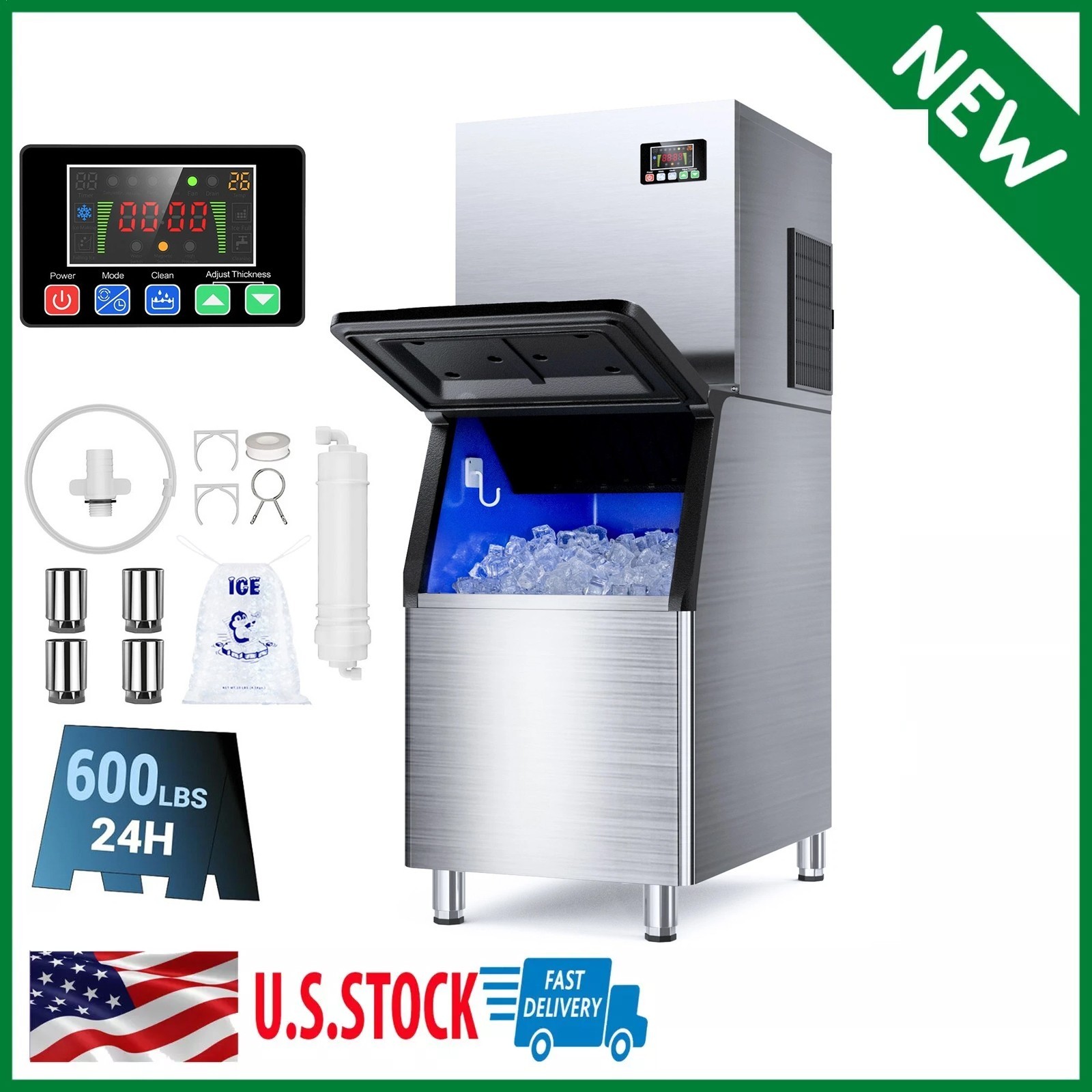 600lbs/24H Commercial Ice Maker Machine Pro Compressor Large Storage Bin 420 lbs