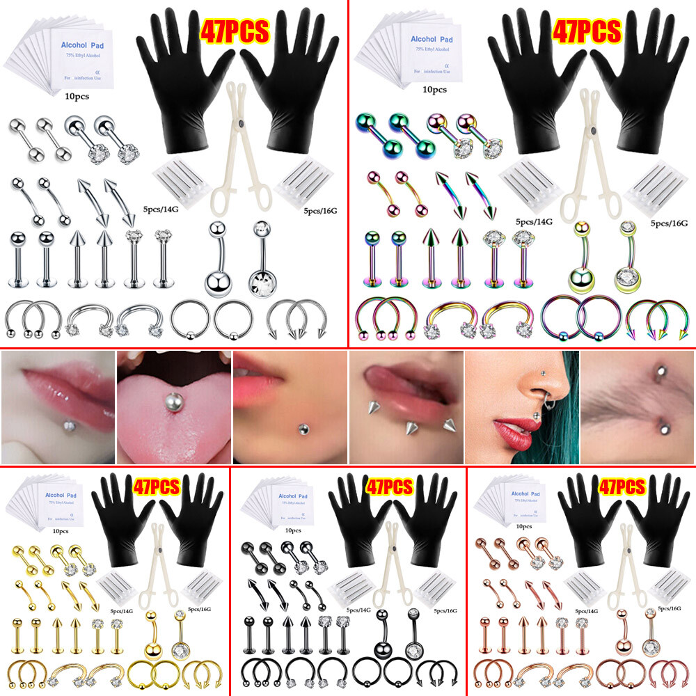 47Pcs Body Piercing Kit Nose Navel Ring Ear Eyebrow Lip Studs Needles Tool Set
