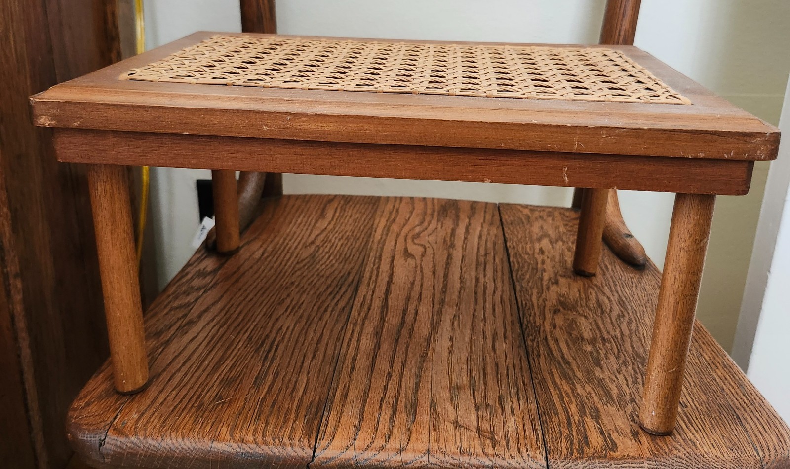 Small Handmade Decorative Caned Wood Foot Stool / Doll Bench