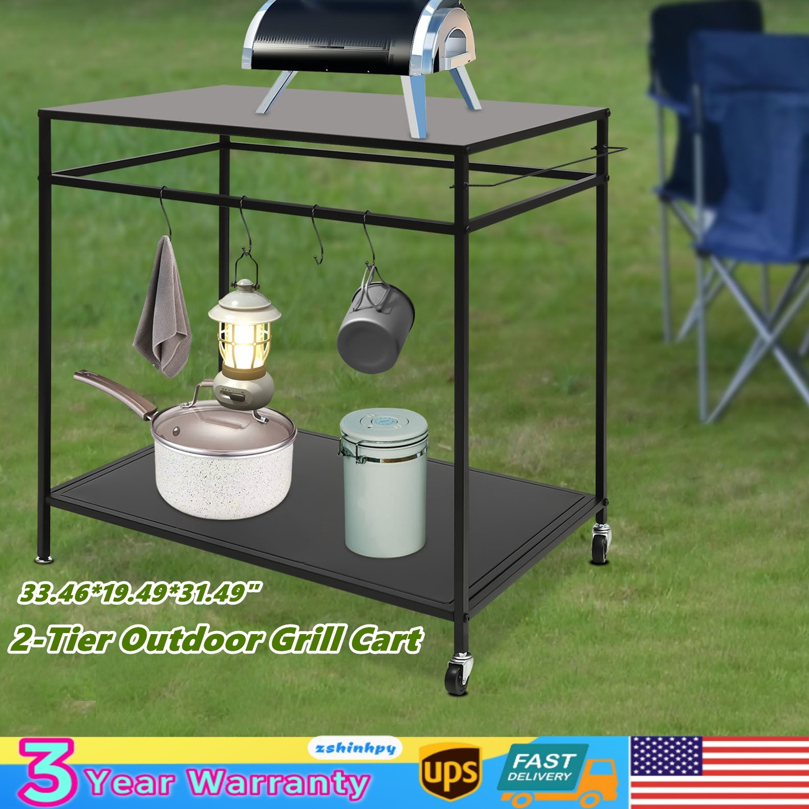 Kitchen BBQ Food Prep Work Cart Table Stand Mobile Storage Rack Grid Panel 2Tier