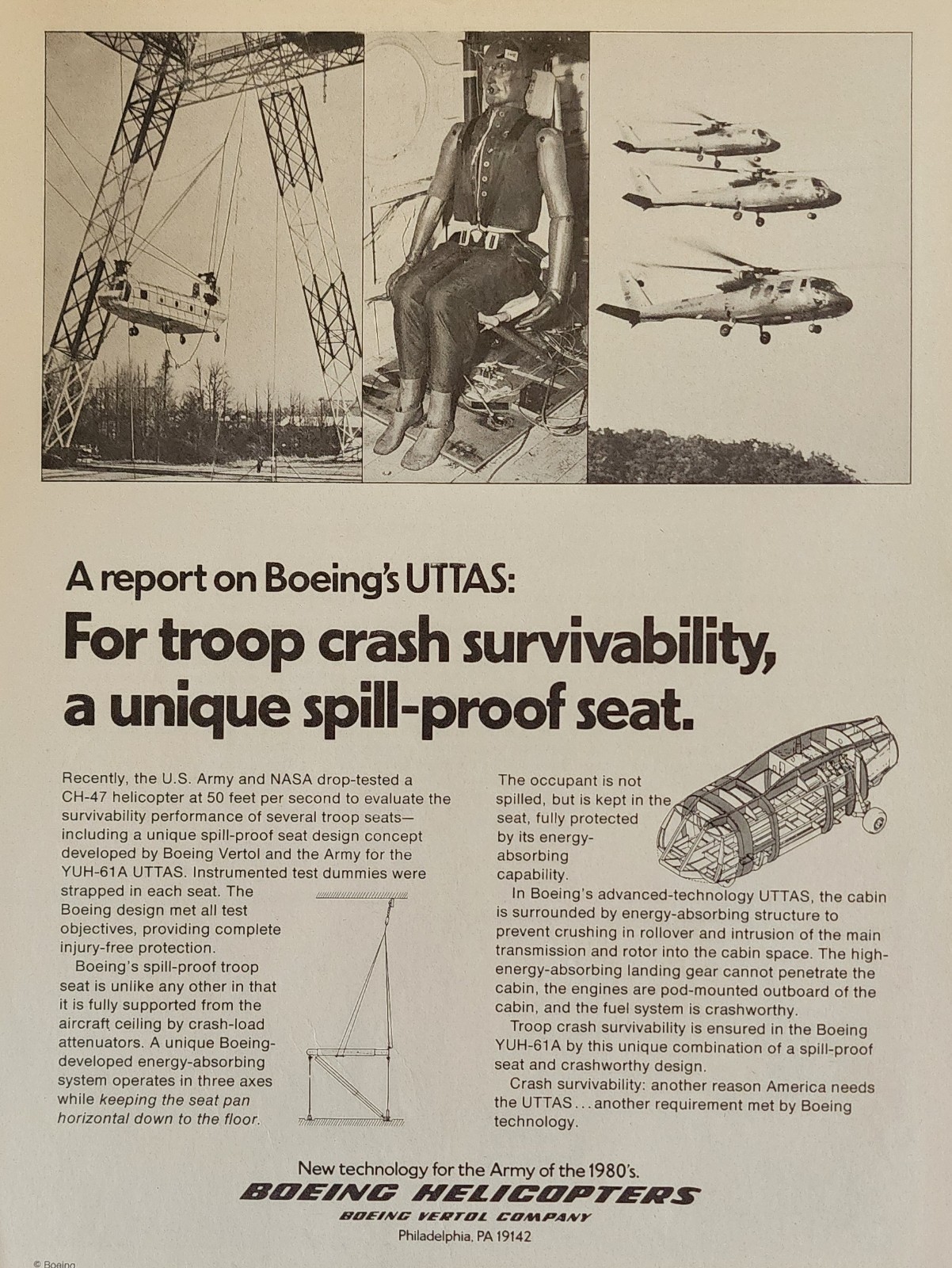 Boeing Helicopter Picture Magazine Ad Original Vtg Decor Crash Survivability
