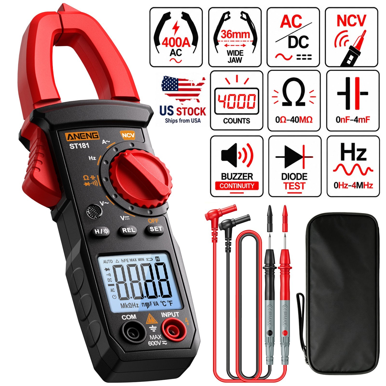 Digital Multimeter Tester AC DC Volt Ohm Amp Clamp Meter Auto Range NCV 4000 Cou