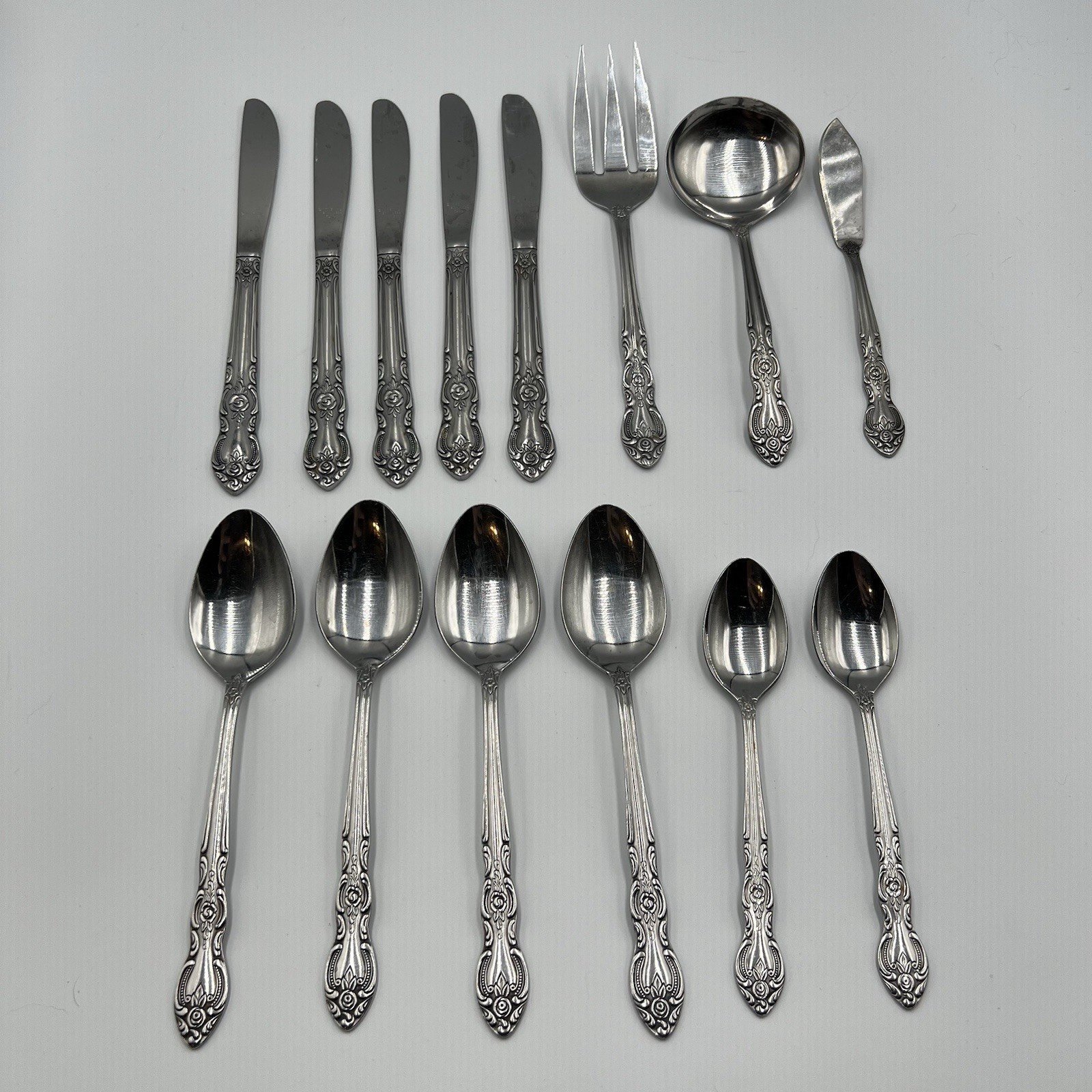 Lot of 14 Vtg Imperial Stainless Steel Flatware Korea Floral Rose Flower