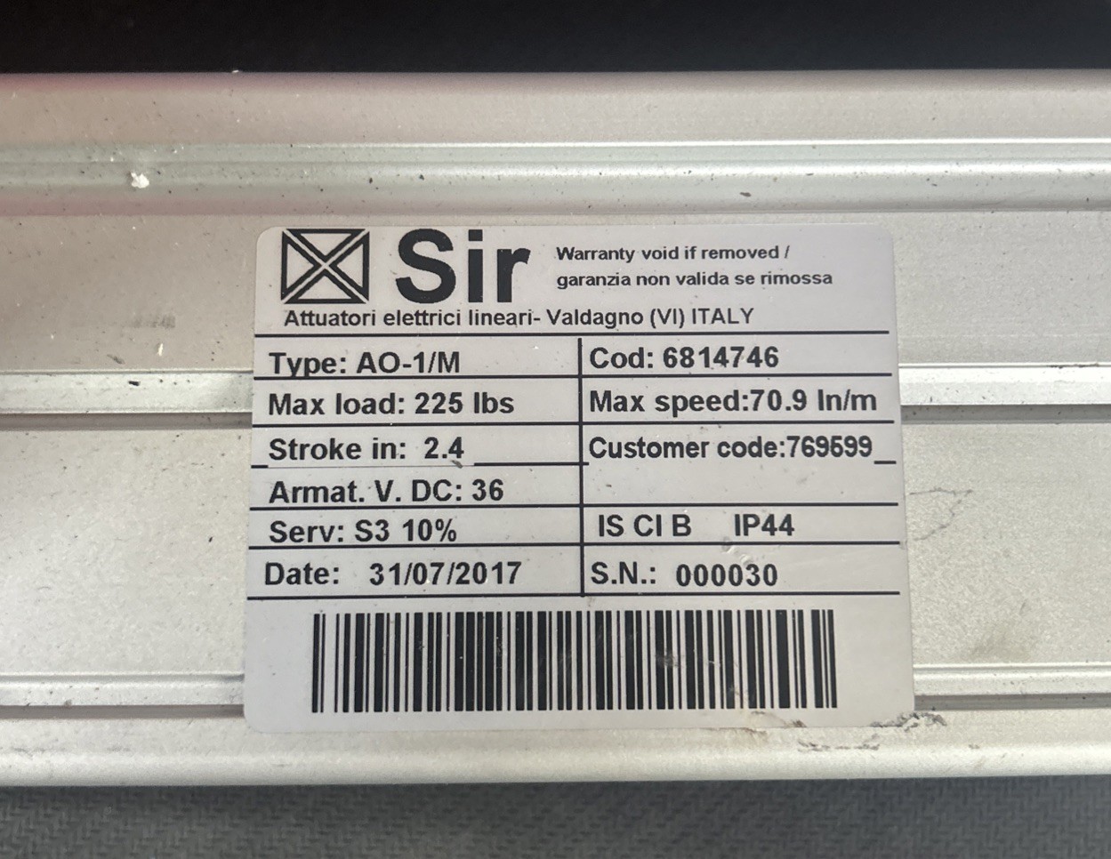 SIR AO-01/M LINEAR ACTUATOR ARM ASSY.