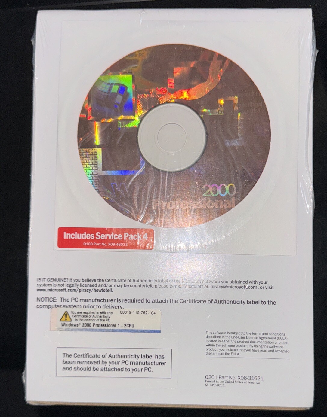 MICROSOFT WINDOWS 2000 PROFESSIONAL OPERATING SYSTEM MS WIN PRO NO PRODUCT KEY