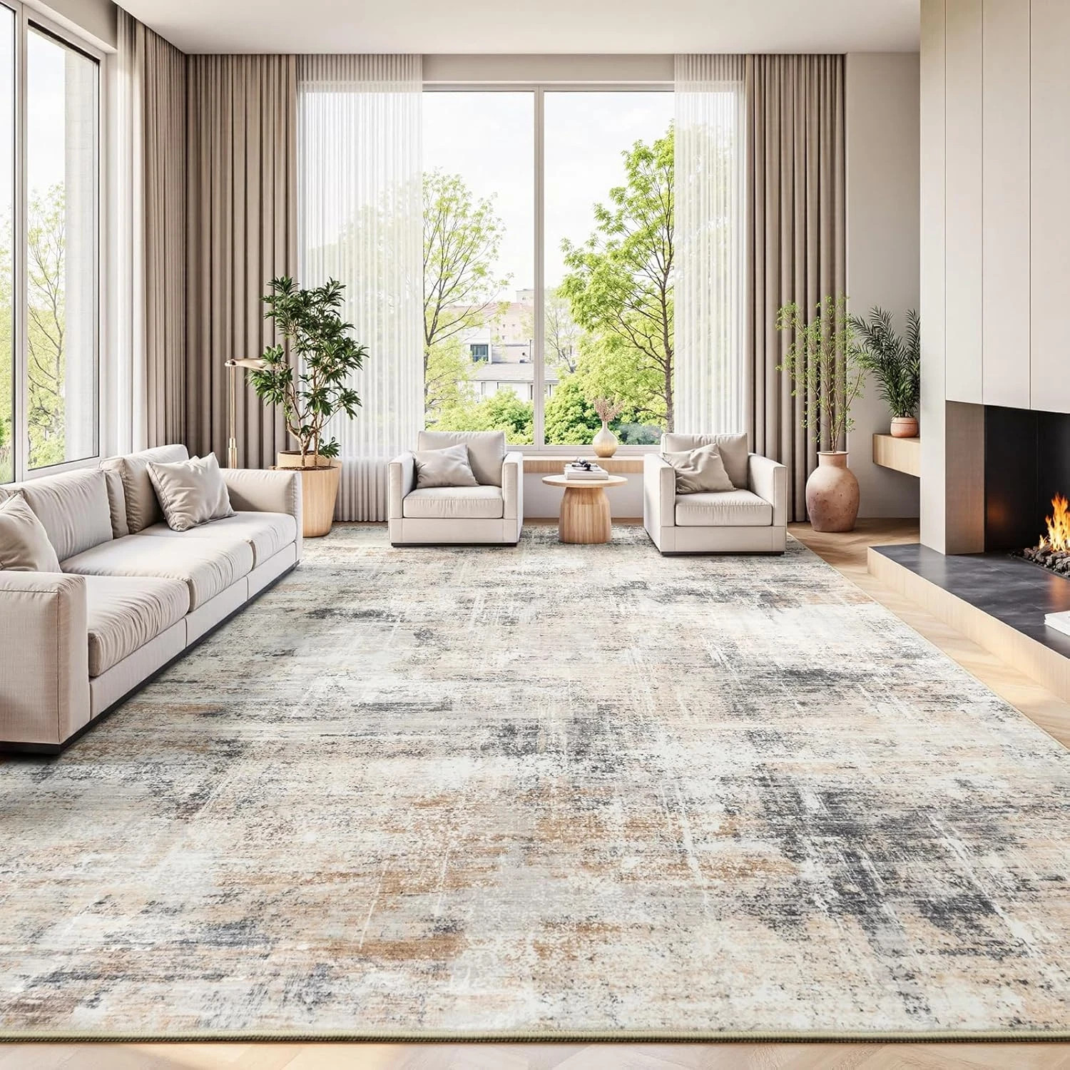 Gold Abstract 9x12 Area Rug - Non-Slip, Washable for Living Room & Bedroom