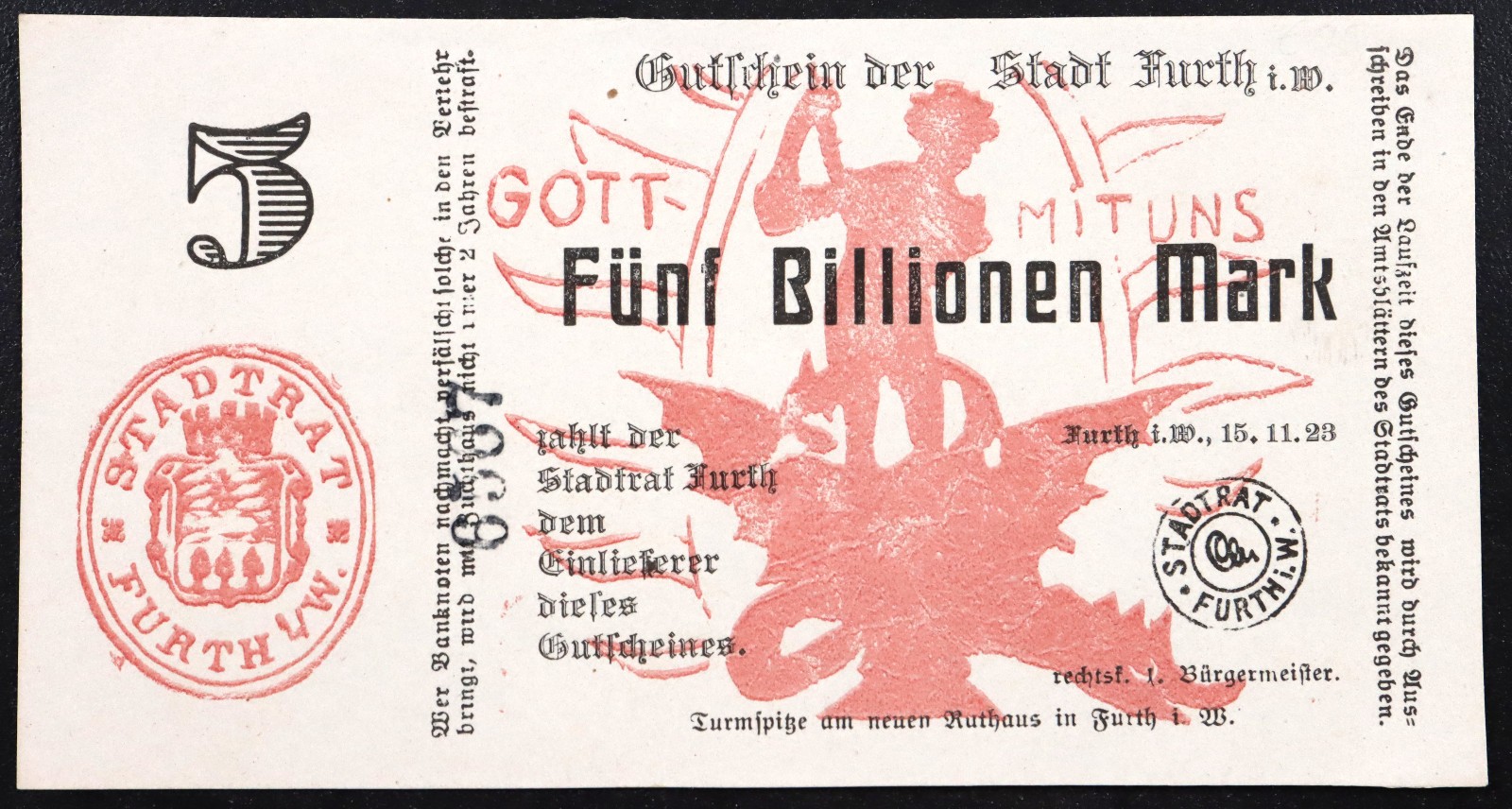 FURTH 1923 XX-RARE 5 TRILLION MARK! "St. George Slaying Dragon" Notgeld Banknote
