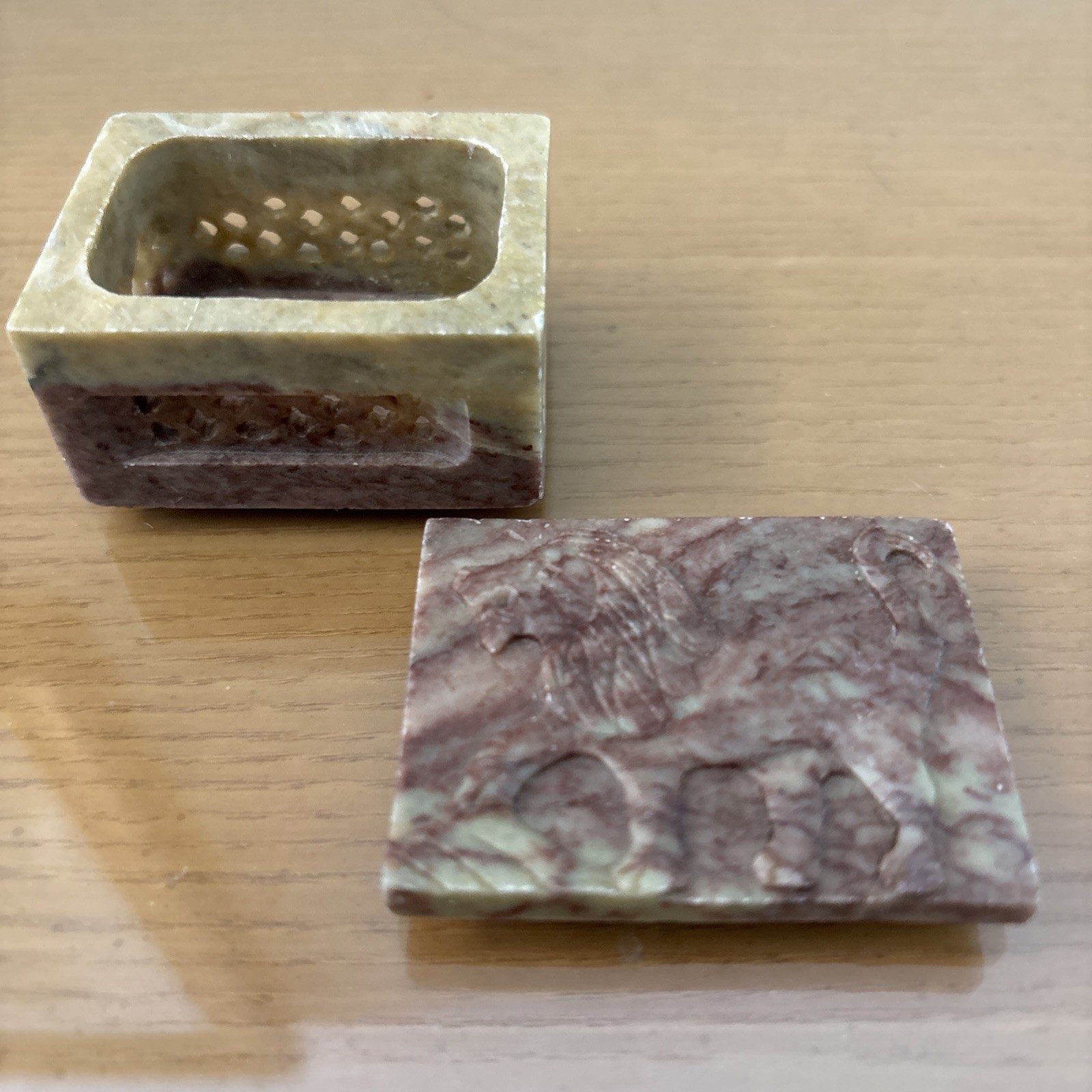 Hand Carved Pink Soapstone Trinket Box with Lion Motif Made In India