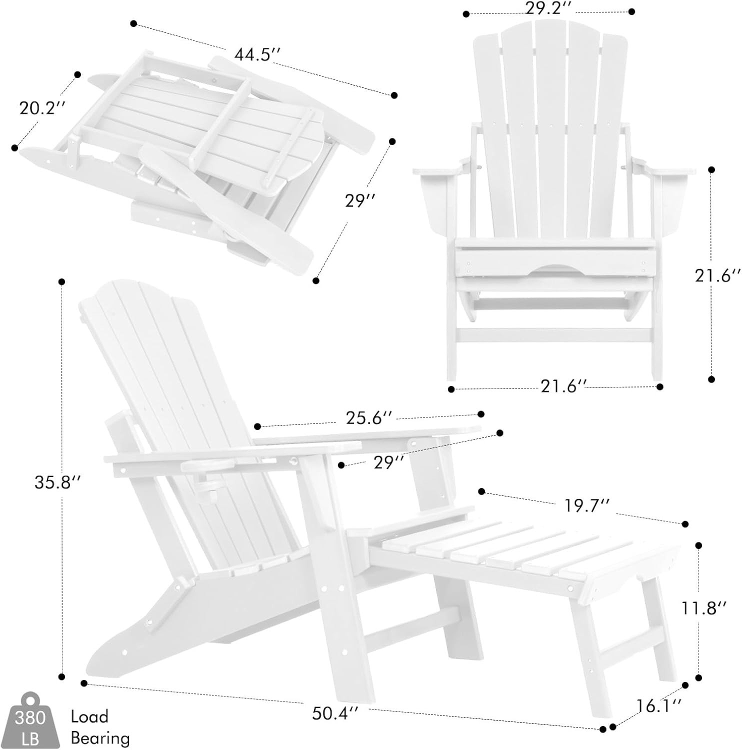 LETKIND Folding Adirondack Chair with Retractable Ottoman,All Weather Fire Pit C
