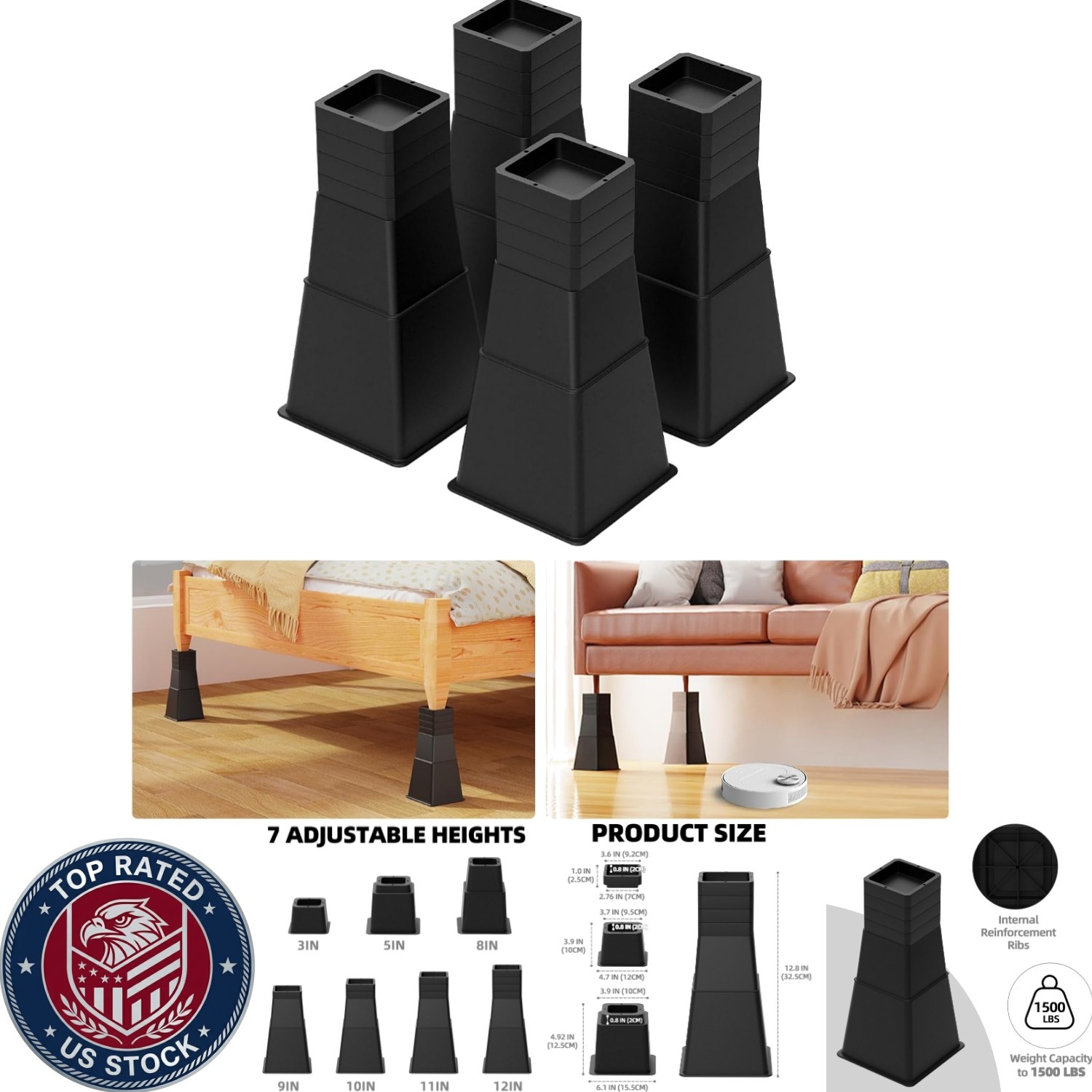 Ergonomic 12 Inch Bed Lifters - Heavy-Duty Risers for Optimal Comfort & Storage