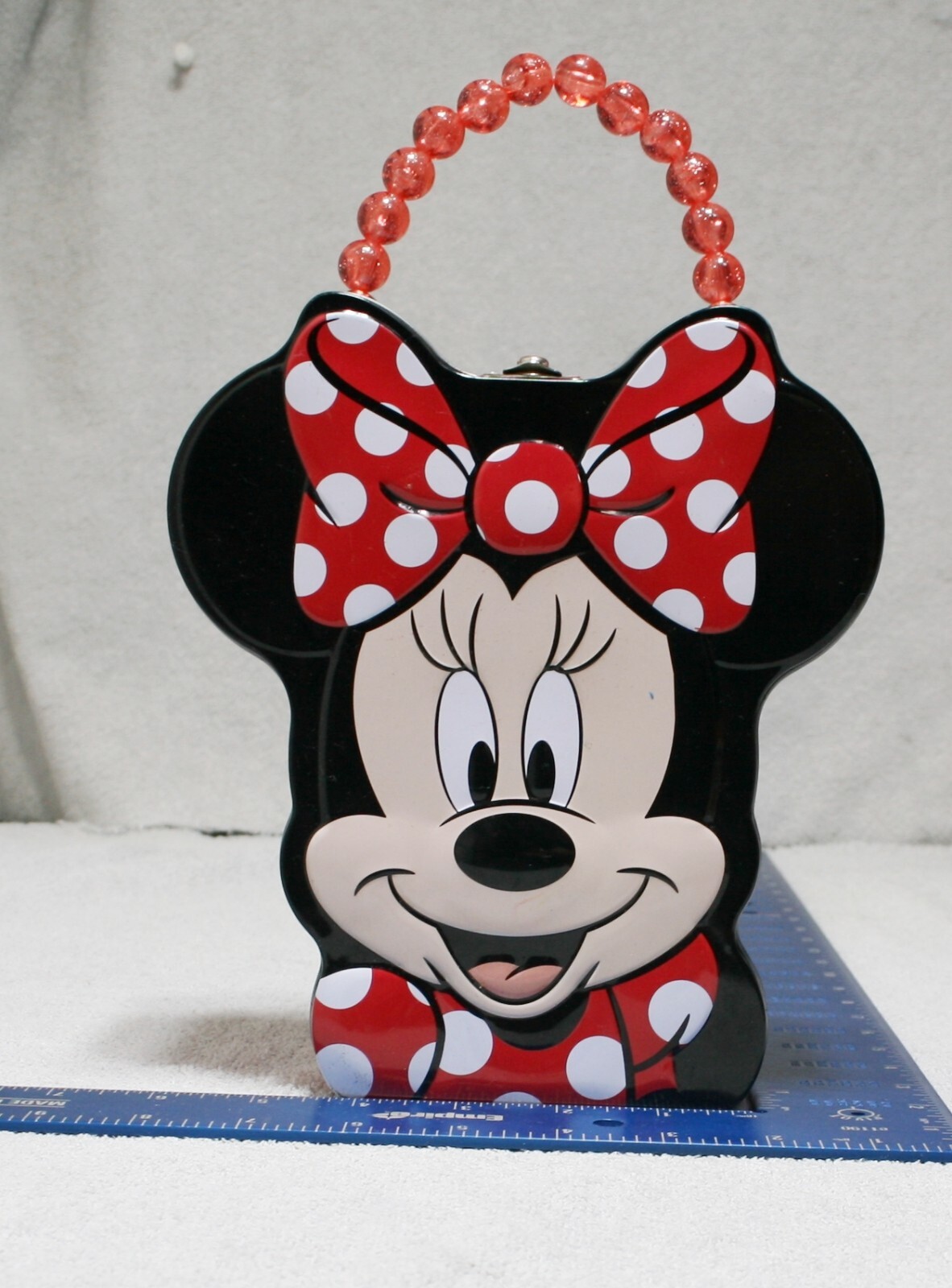 Minnie Mouse Shape Tin Carrier Lunch Storage Box Bead Red Black White Polka Dot