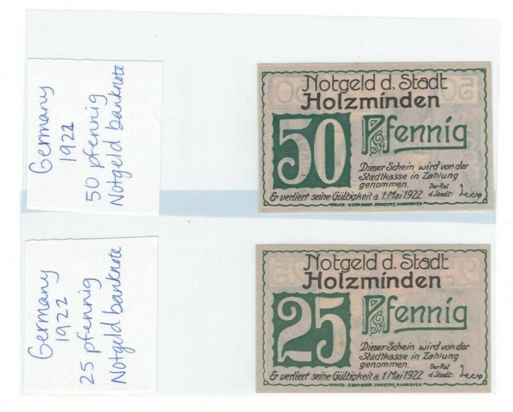 1922 Germany 25 Pfennig & 50 Pfennig Notgeld Uncirculated Banknotes Holzminden