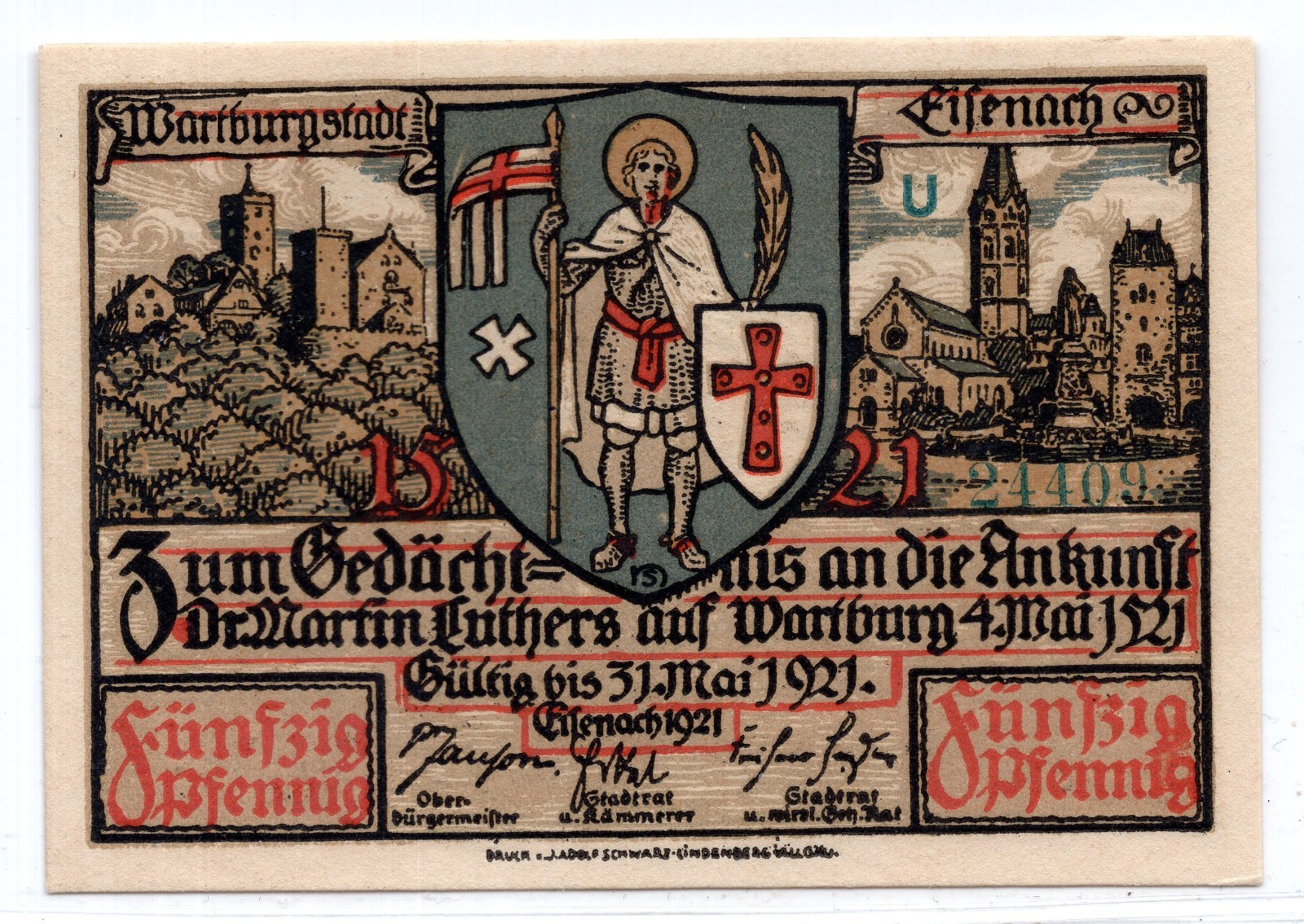 1921 Germany Wartburg Notgeld 50 Pfennig Note (2493)