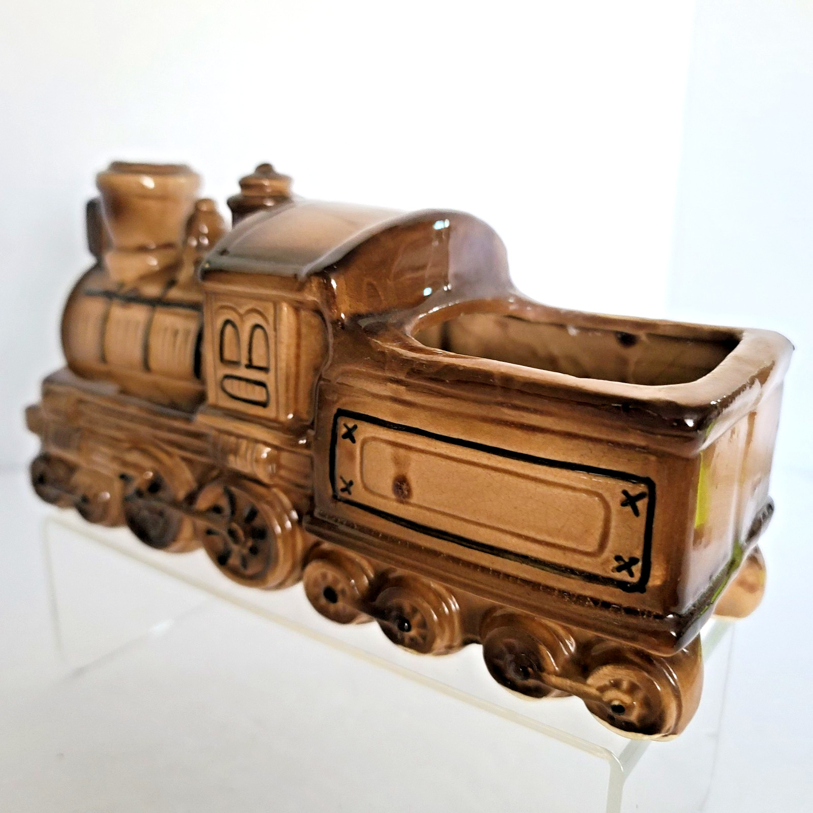 Vintage Locomotive Train Ceramic Planter Engine Mid Century Brown 8"