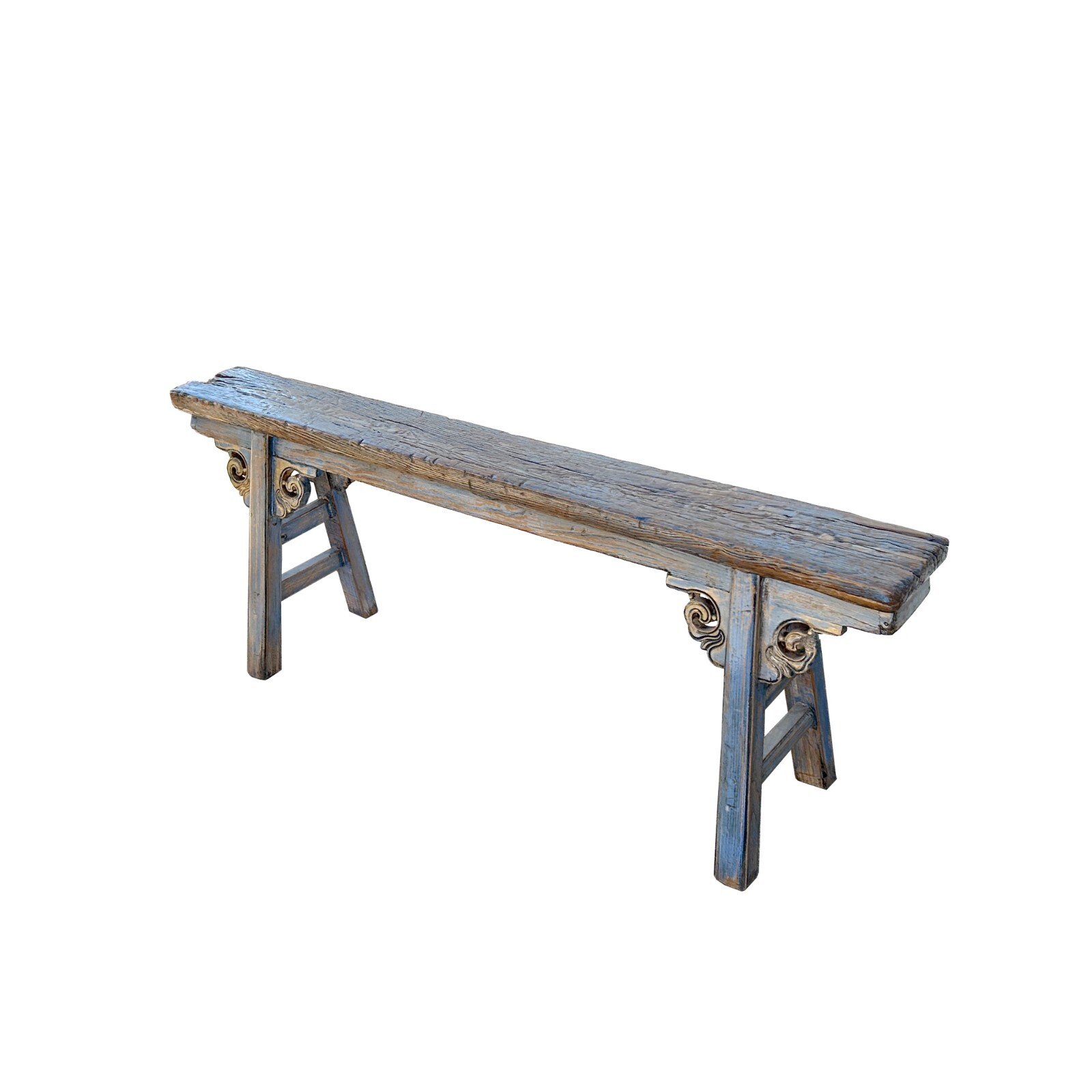 Distressed Brown Light Blue Village Slim Narrow Scroll Apron Wood Bench ws4538
