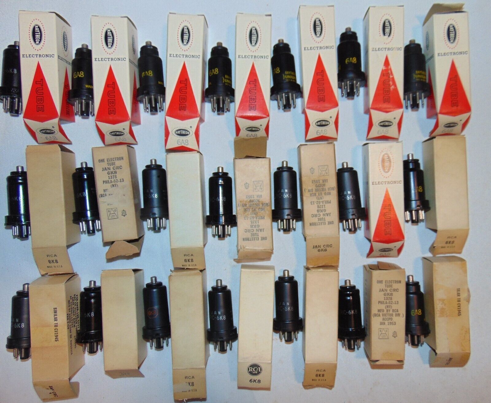 21 NOS NIB 6A8 6A8GT 6A8G = 6Q8 = 6А8 RAYTHEON RCA TUBES VINTAGE USA MADE CV1945