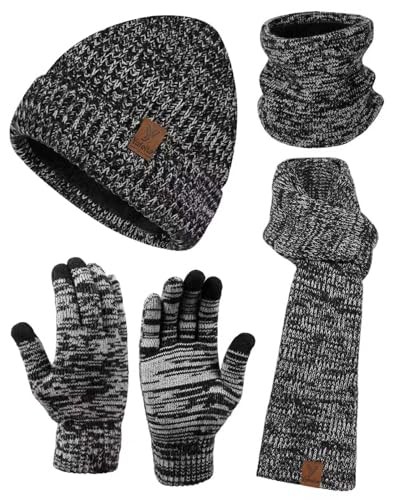 Winter Beanie Hat Scarf for Men Women 4PCS Gloves with Touchscreen Black