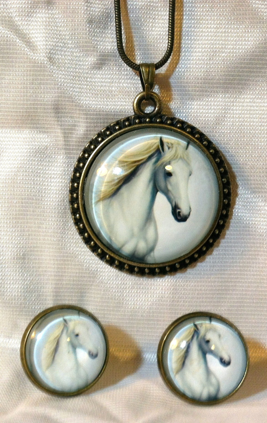 SET Vintage Image GLASS DOME HORSE PENDANT & HORSE EARRINGS 18KGP Snake Chain