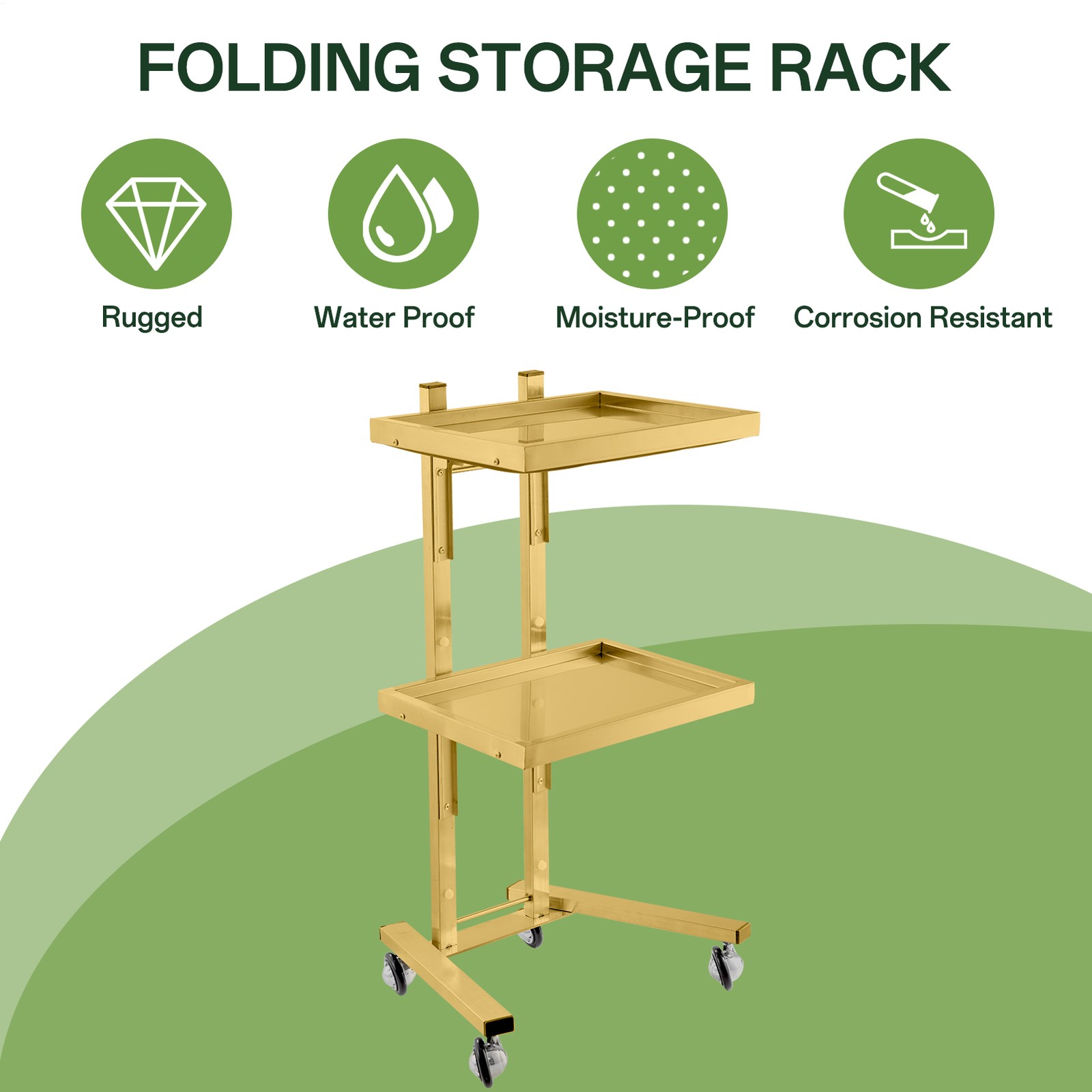 Salon Steel Trolley Instrument Tray with Accessory Caddy - Gold Utility Cart