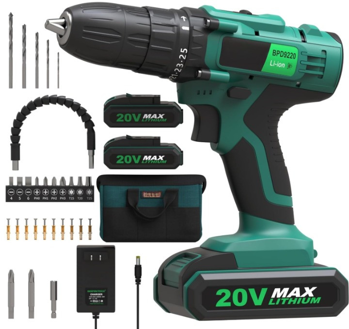 Taladro inalámbrico 20V con 2 baterías, 26 torque y kit con maletín, Nuevo