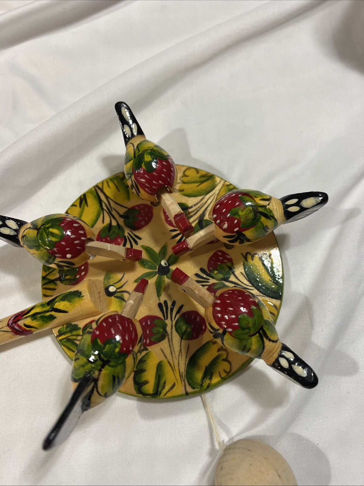 Folk Art Wood Chicken Food Pecking Paddle Toy Hand-Painted Floral Strawberries