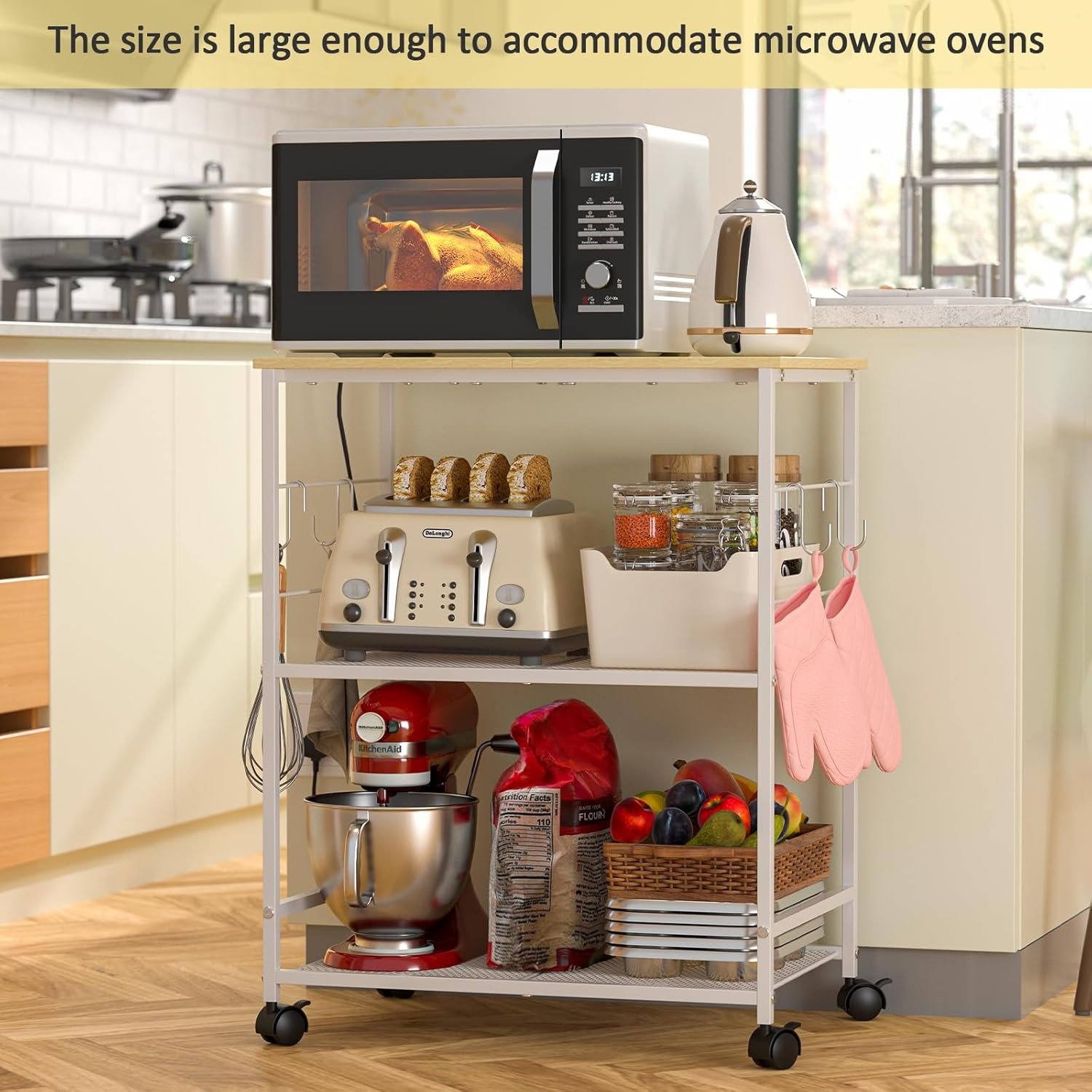 Rolling Kitchen Microwave Cart, 3 Tier Microwave Table Stand with Storage, Kitch