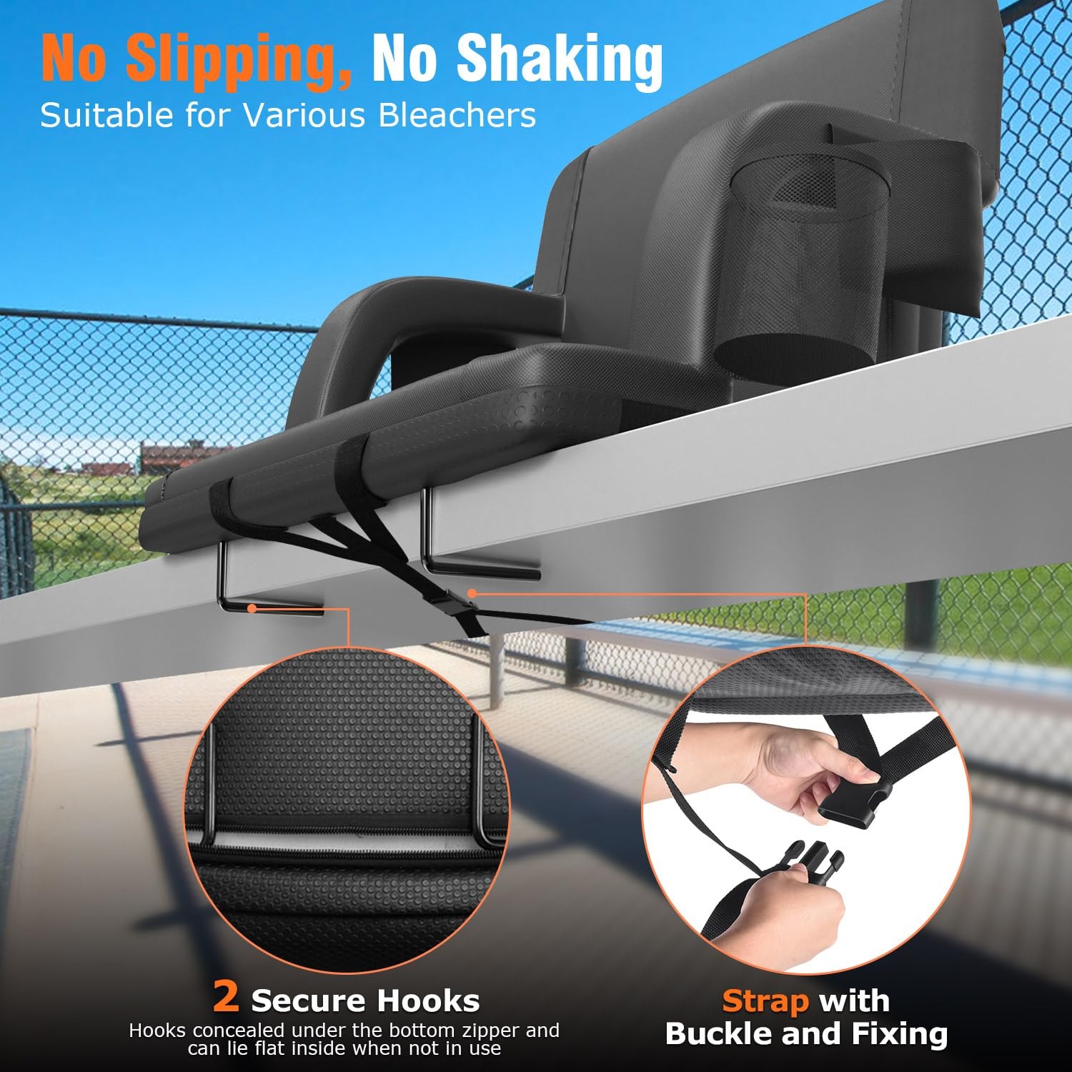 Dual-Side Heated Stadium Seat with Back Support, 21" Wide Cushion, Foldable B...