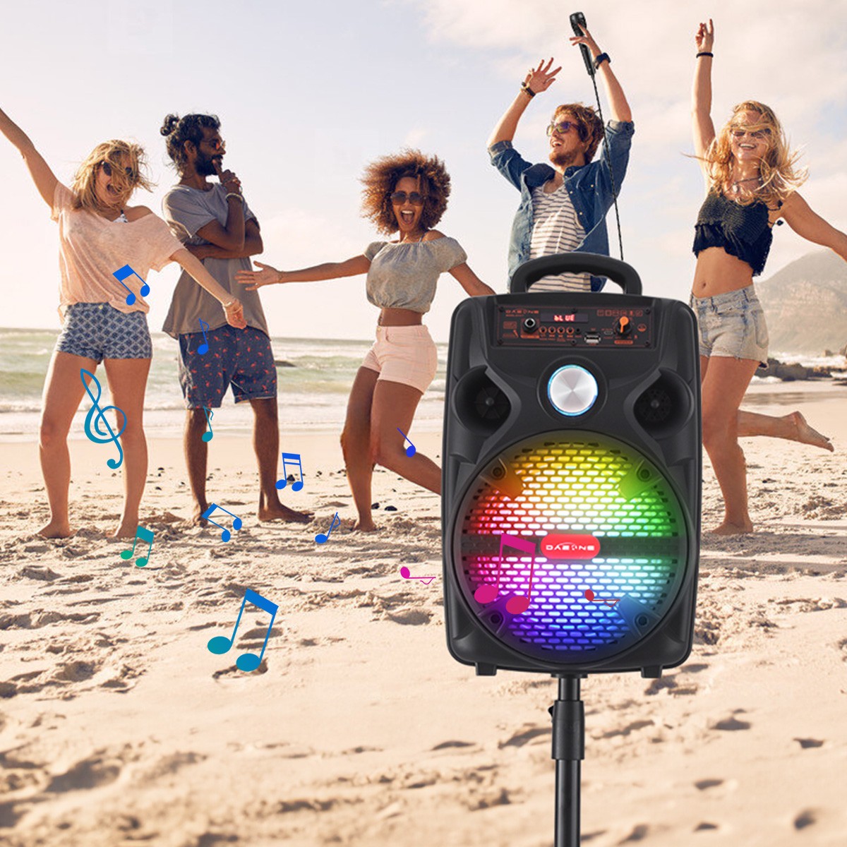 Portable 8" Wireless Bluetooth Party Speaker System w/ Mic Stand TWS AUX +Remote