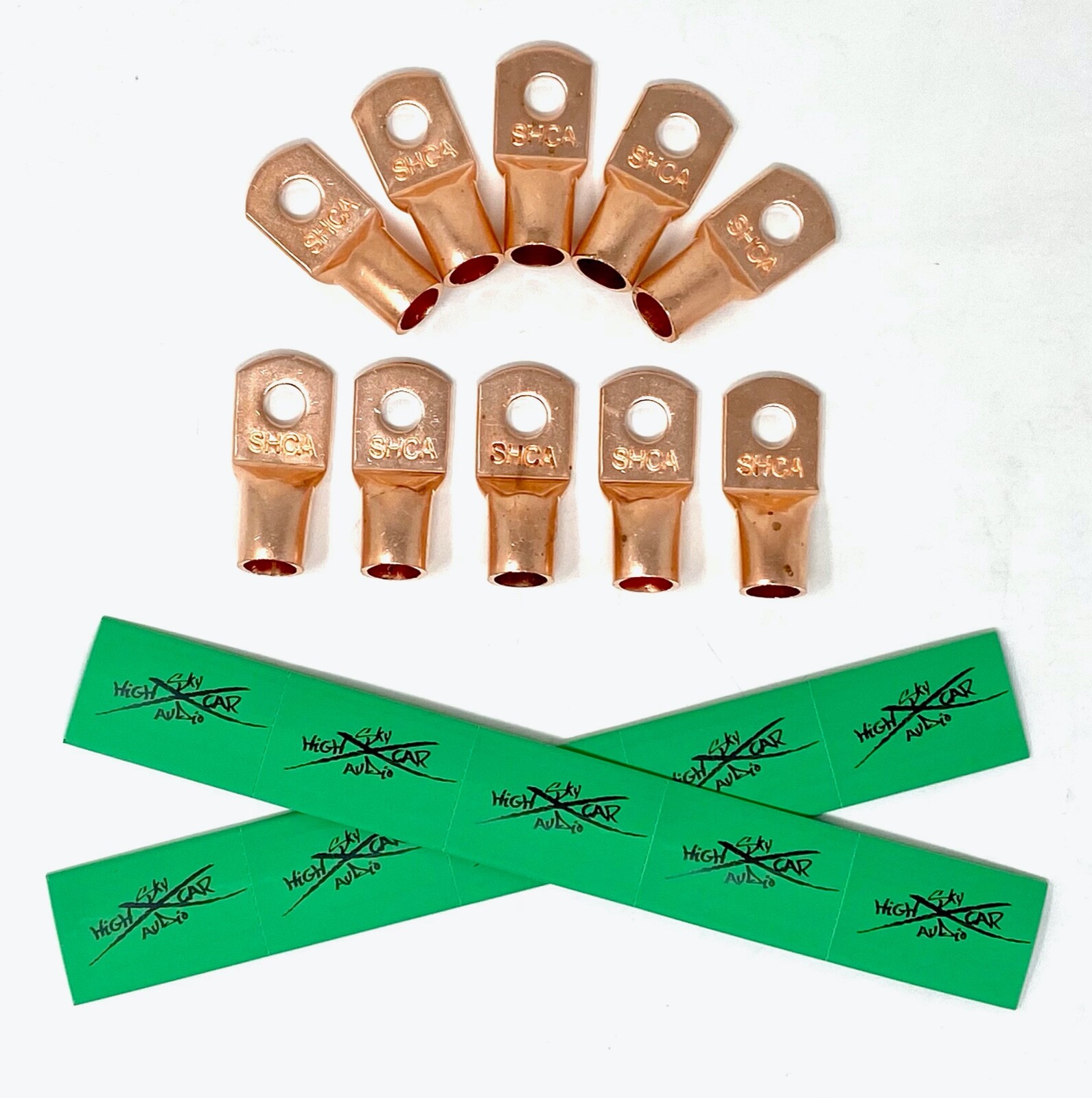 (10) 1/0 Gauge Copper Ring Terminals 3/8" GREEN Heat Shrink Tubing LUGS