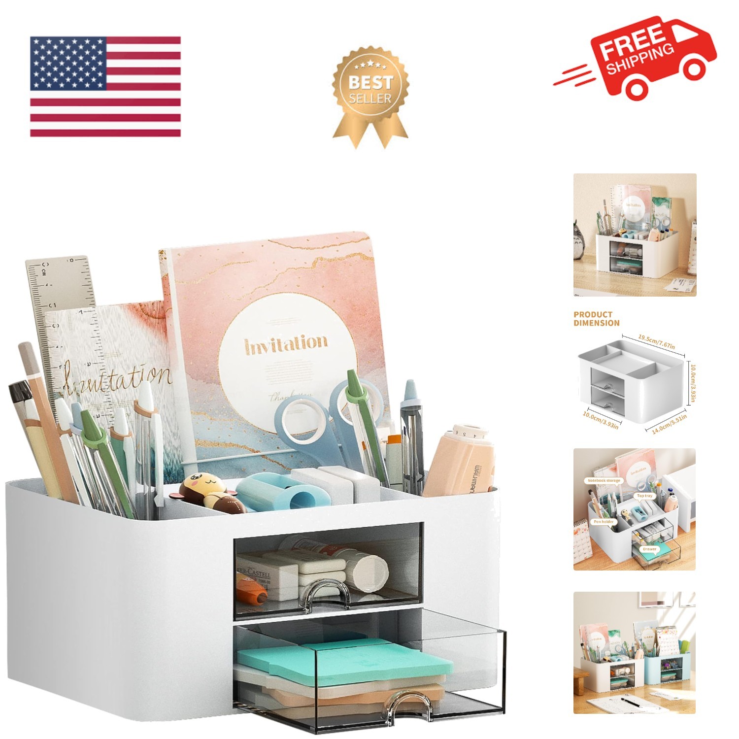 Multi-Functional White Plastic Pen Holder with Drawers for Tidy Workspaces