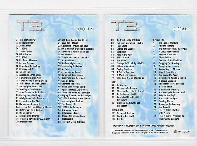 TERMINATOR 2 JUDGMENT DAY BASE /BASIC FILM CARDZ 1 TO 72 OR CHECKLIST ARTBOX