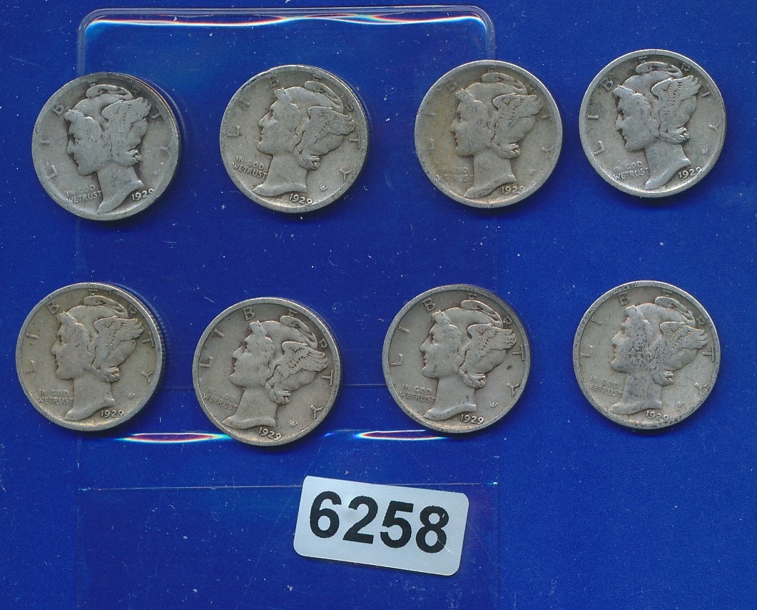 MERCURY SILVER DIMES - 1929-D - NICE (8 COINS) - #6258