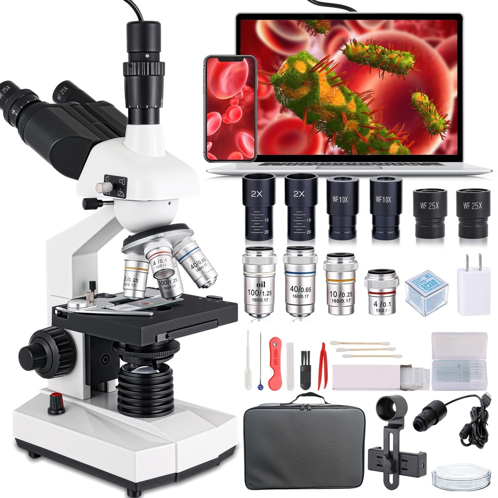 Compound Trinocular Microscope, 40X-5000X Magnification, Research Grade Profe...