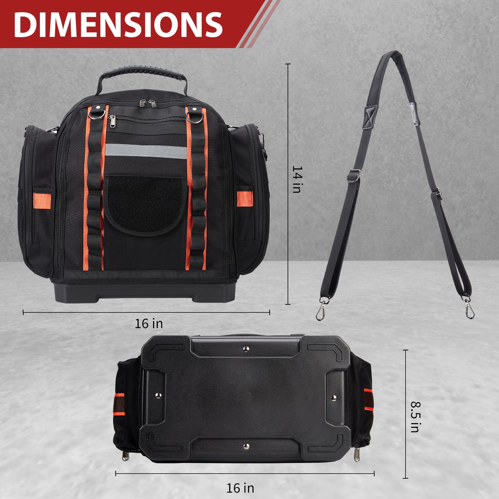 Polyester Tool Bag 15.7" with Rubber Base, 21 Pockets, Removable Shoulder Strap