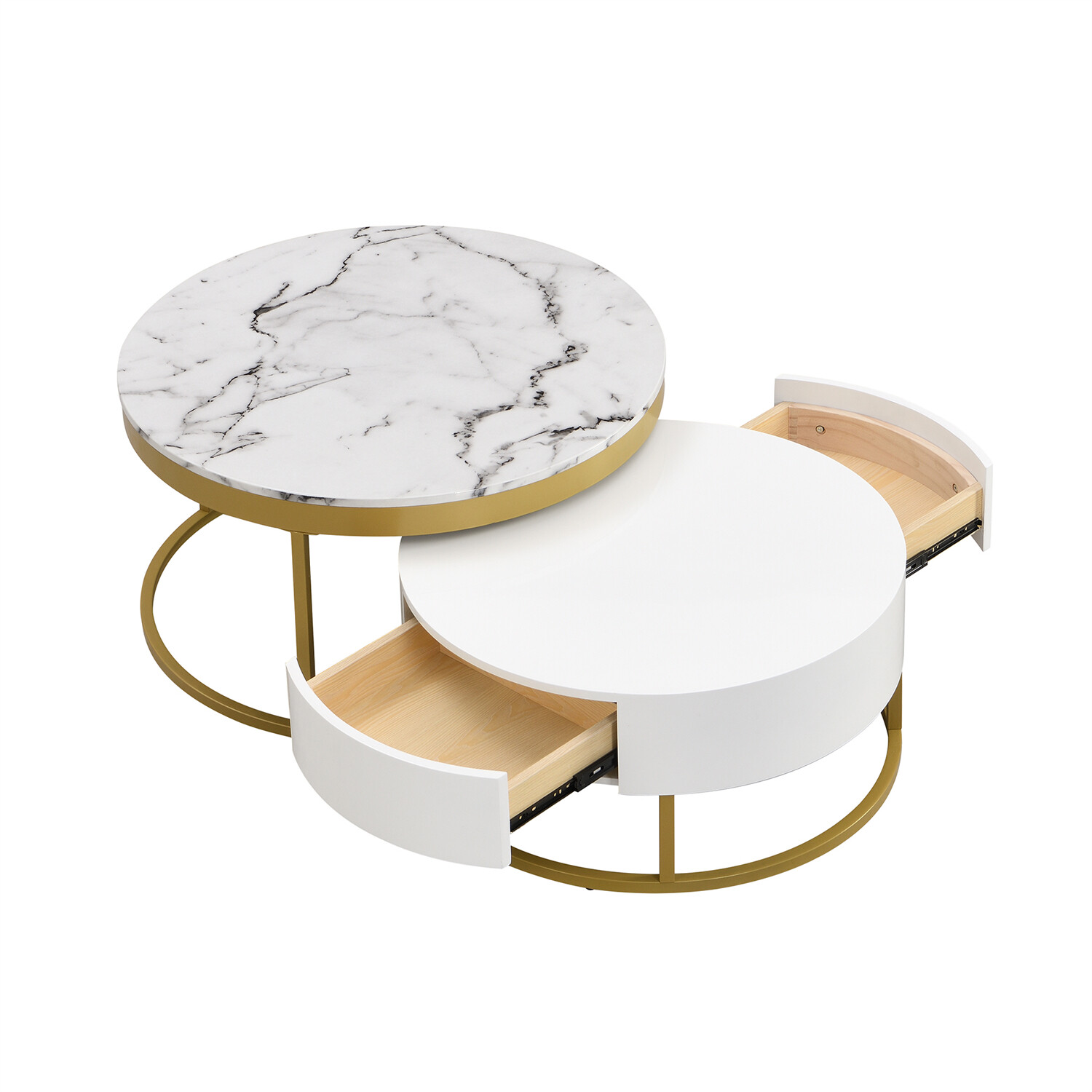 Modern Round Nesting Coffee Table Center Cocktail Table End Table w/ 2 Drawer