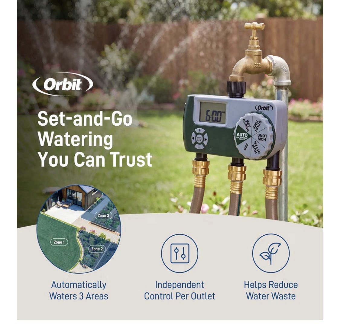 Orbit 56082 Programmable Digital Hose Watering Timer 3-Outlet With LCD Screen