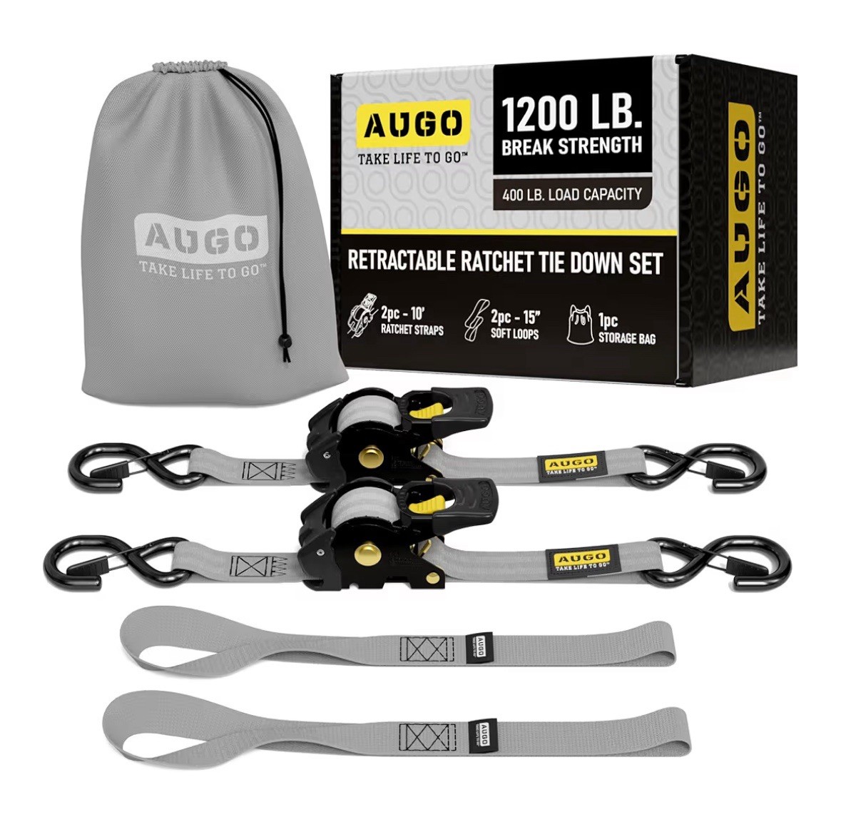 AUGO Retractable Ratchet Tie Down Straps 2 Pack 10FT 1200lb Heavy Duty Cargo