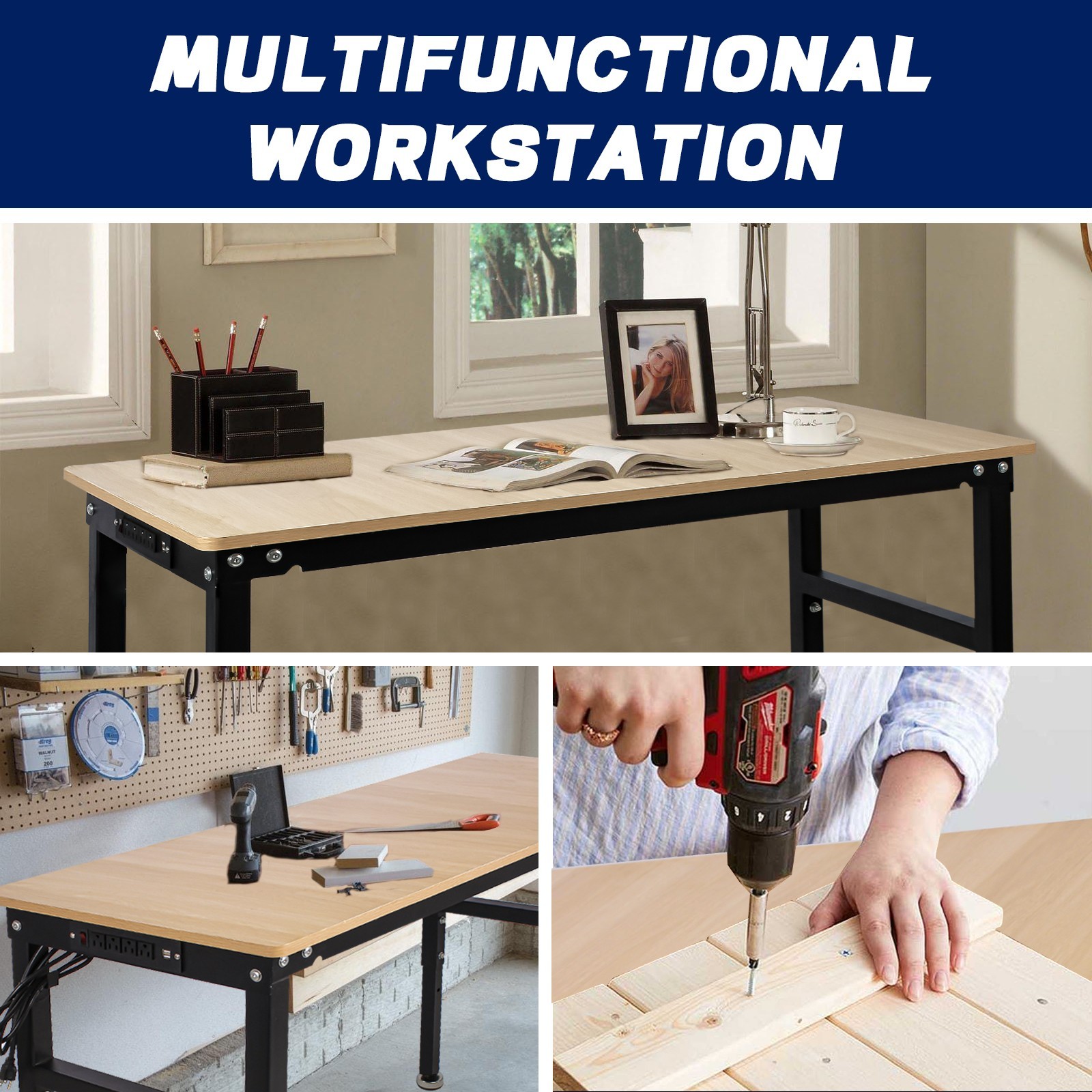 48''/60'' Adjustable Heigh Work bench with Power Outlet Hardwood Work Table