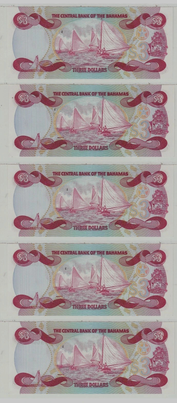 BAHAMAS 3 DOLLARS P-44 1974/1984 x 10 Pc Lot Bundle QUEEN SHIP UNC BAHAMIAN NOTE