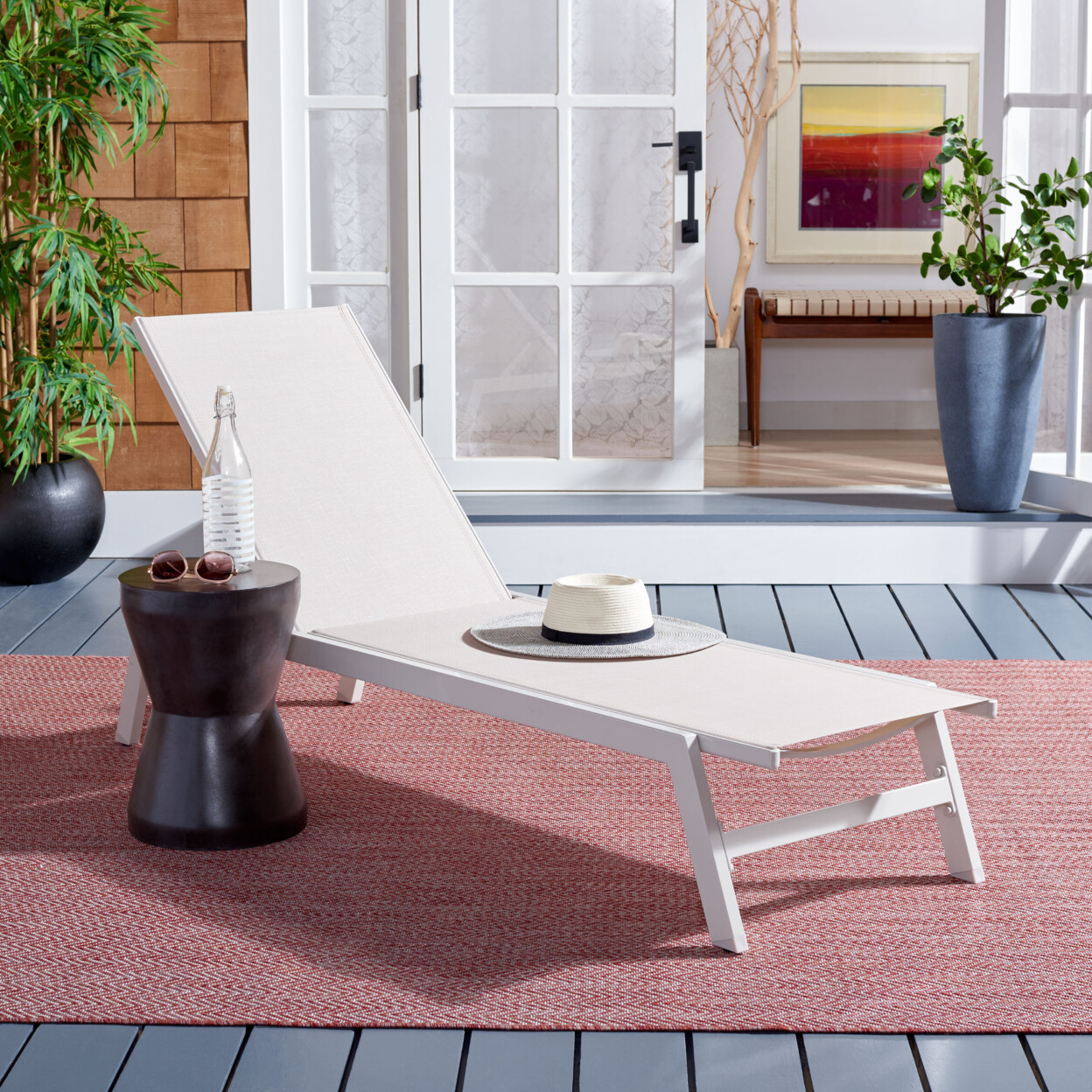 SAFAVIEH Outdoor Collection Fionne Chaise Sunlounger | Silver / Beige |