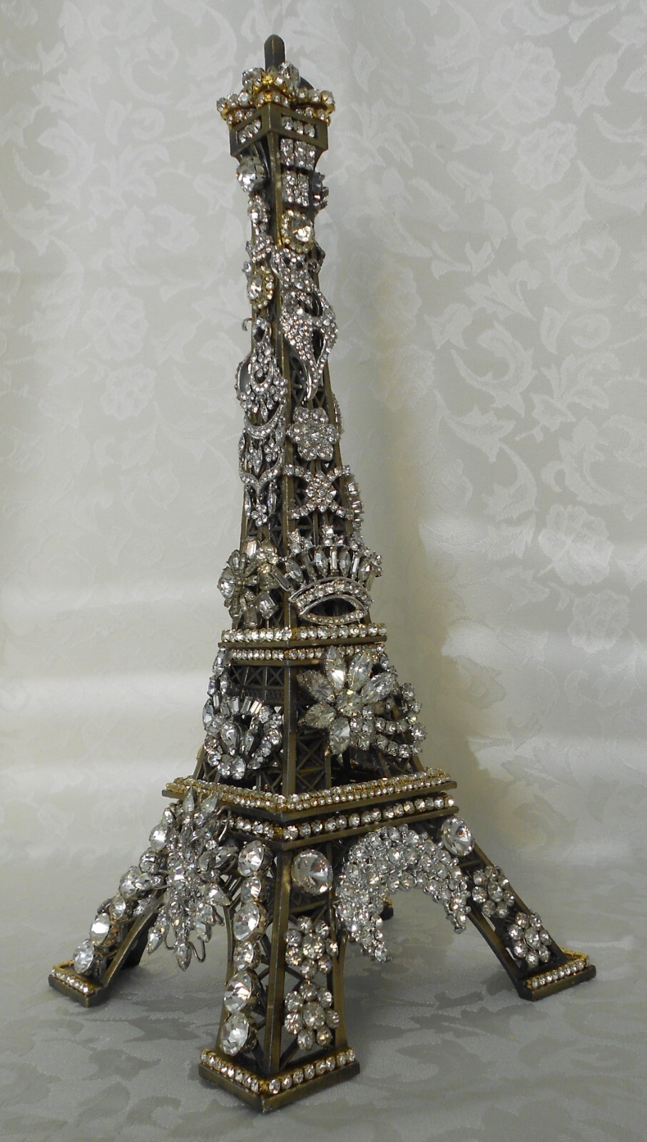 ****LARGE METAL EIFFEL TOWER COVERED WITH VINTAGE RHINESTONE JEWELRY 12" TALL*