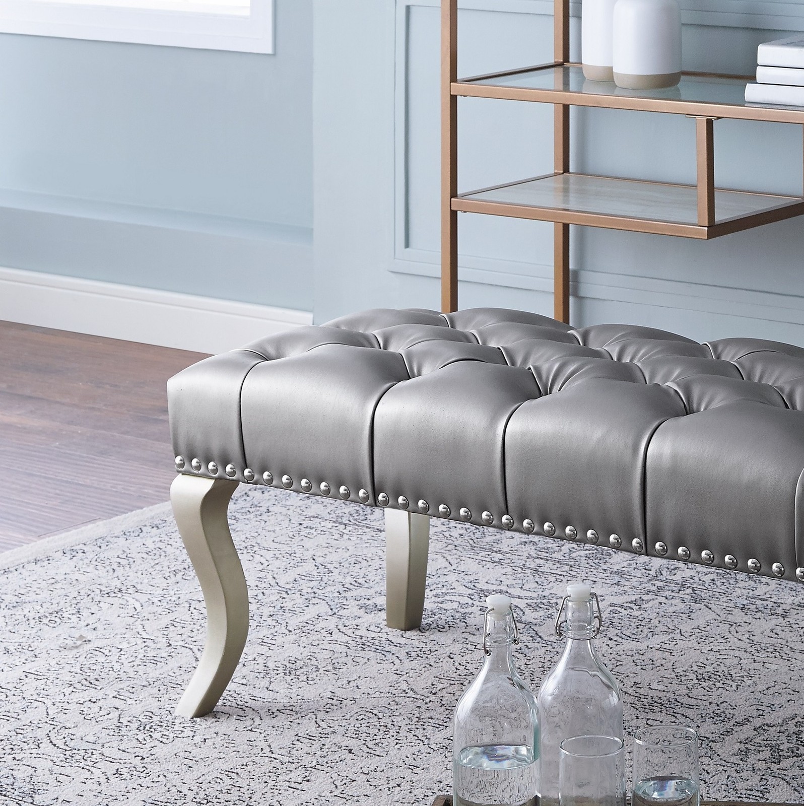 Decor Maxem Tufted FabricUpholstered Bench with Nailhead Trim