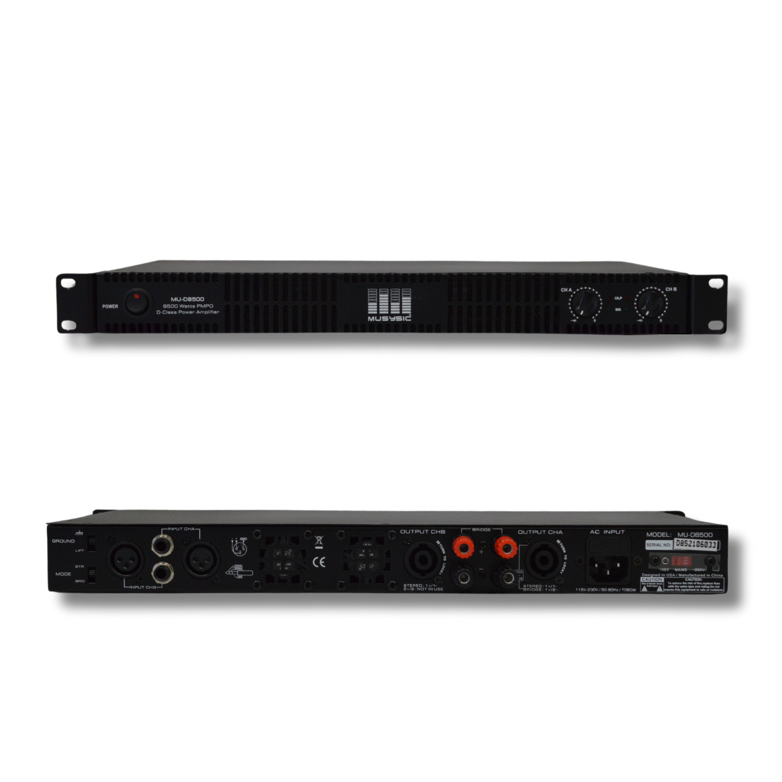 MUSYSIC Professional 2 Channel 8500 Watts D-Class 1U Power Amplifier MU-D8500