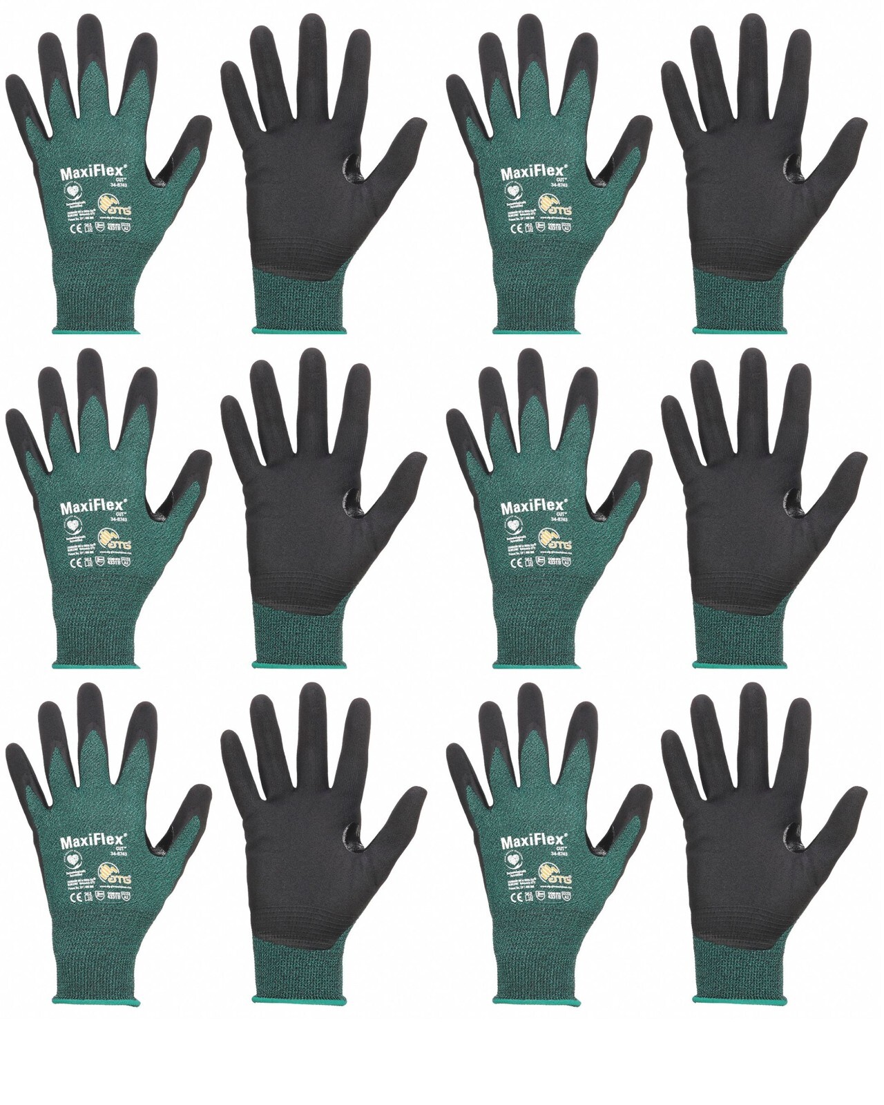 6- MaxiFlex 34-8743 Micro Foam Nitrile Coated ANSI A2 Cut Resistant Work Gloves