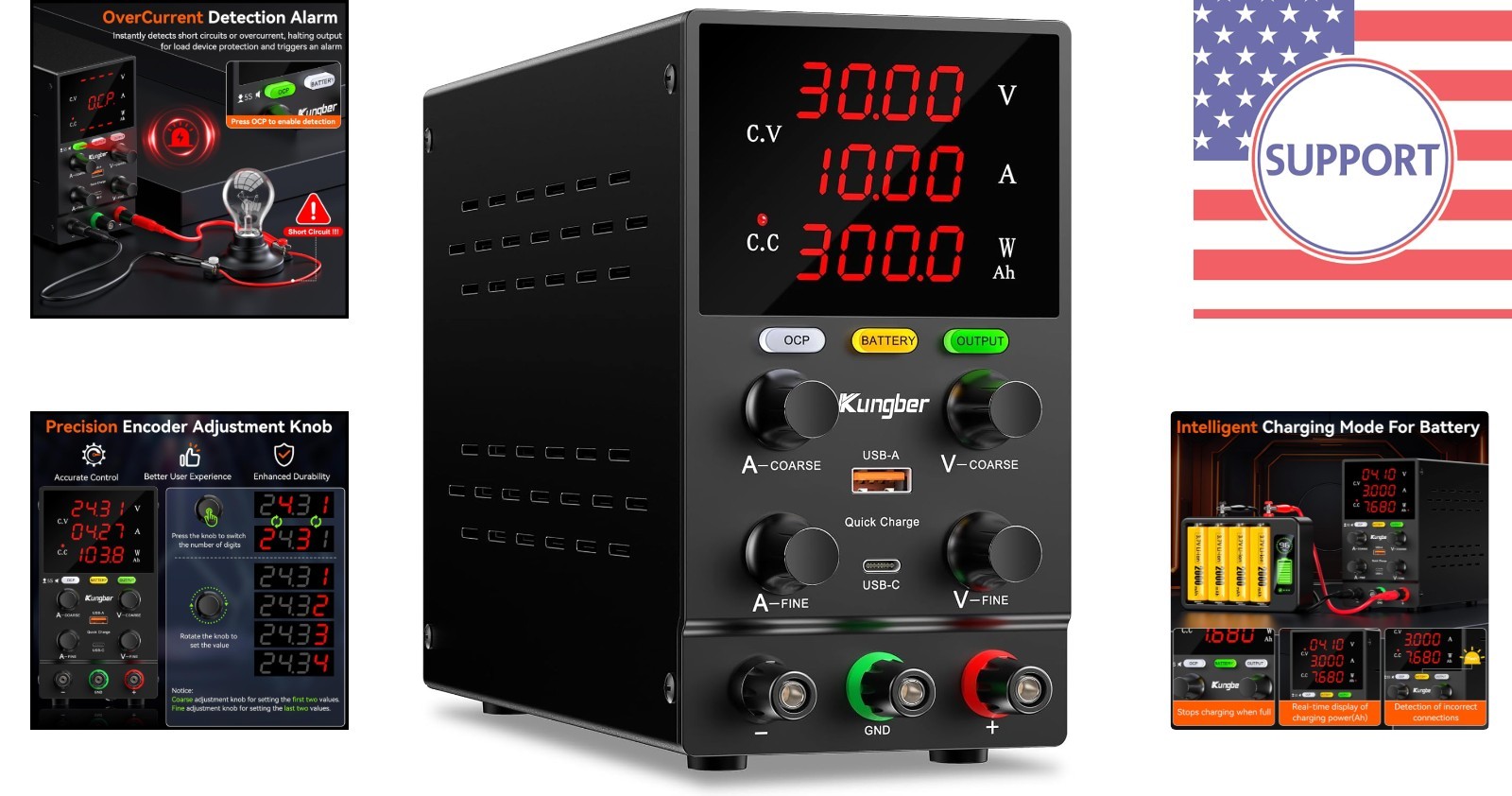 Powerful 30V 10A Adjustable DC Bench Power Supply with Smart Charging Features