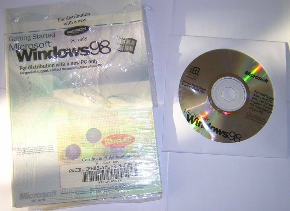 Microsoft Windows 98 Full Install CD-ROM with COA/Product Key and User Guide